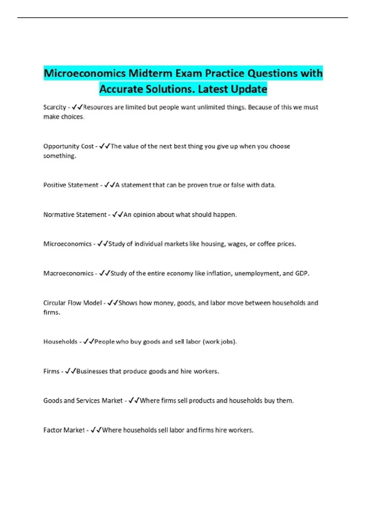 Microeconomics Midterm Exam Practice Questions with Accurate Solutions ...
