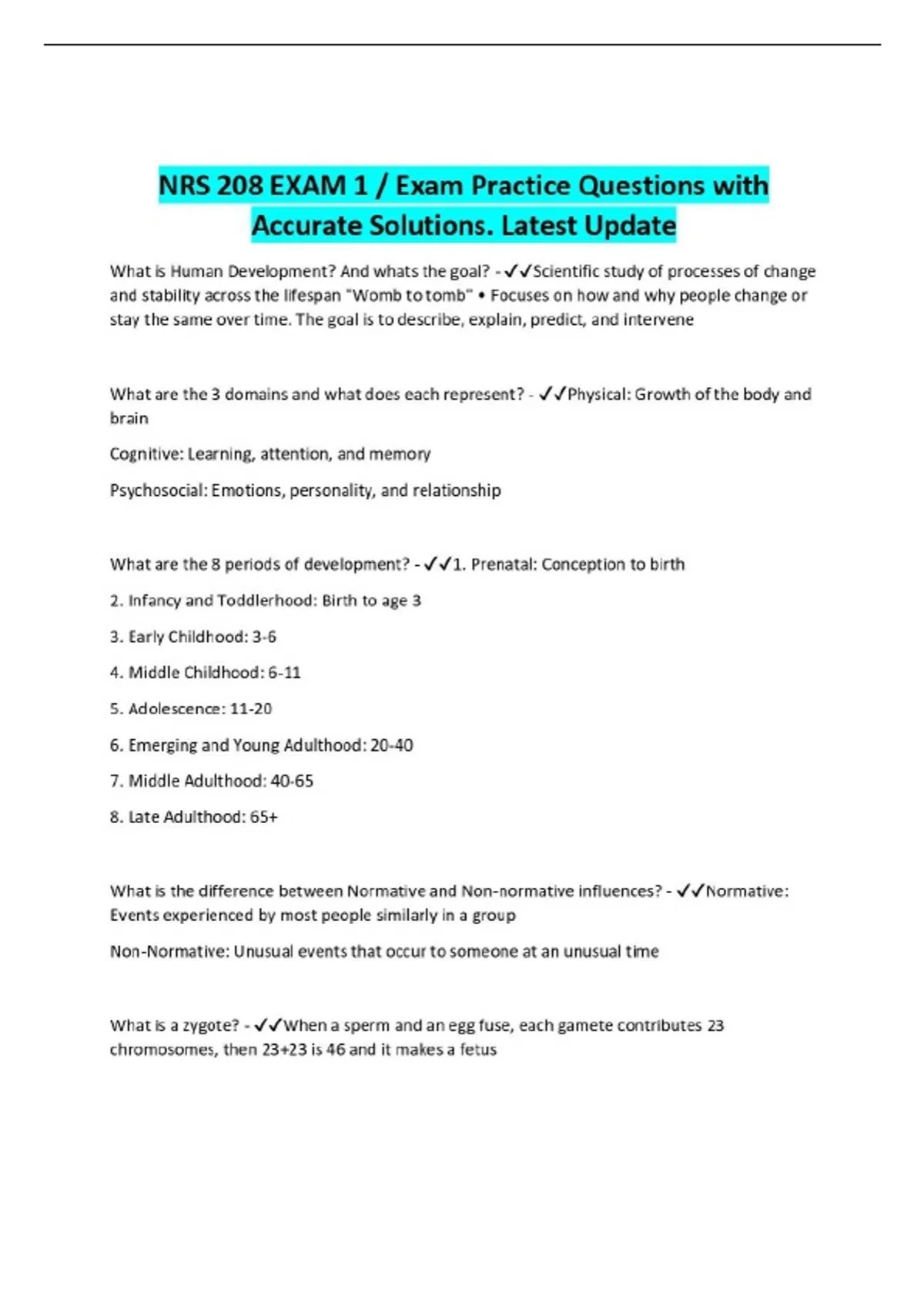 NRS 208 EXAM 1 / Exam Practice Questions with Accurate Solutions ...
