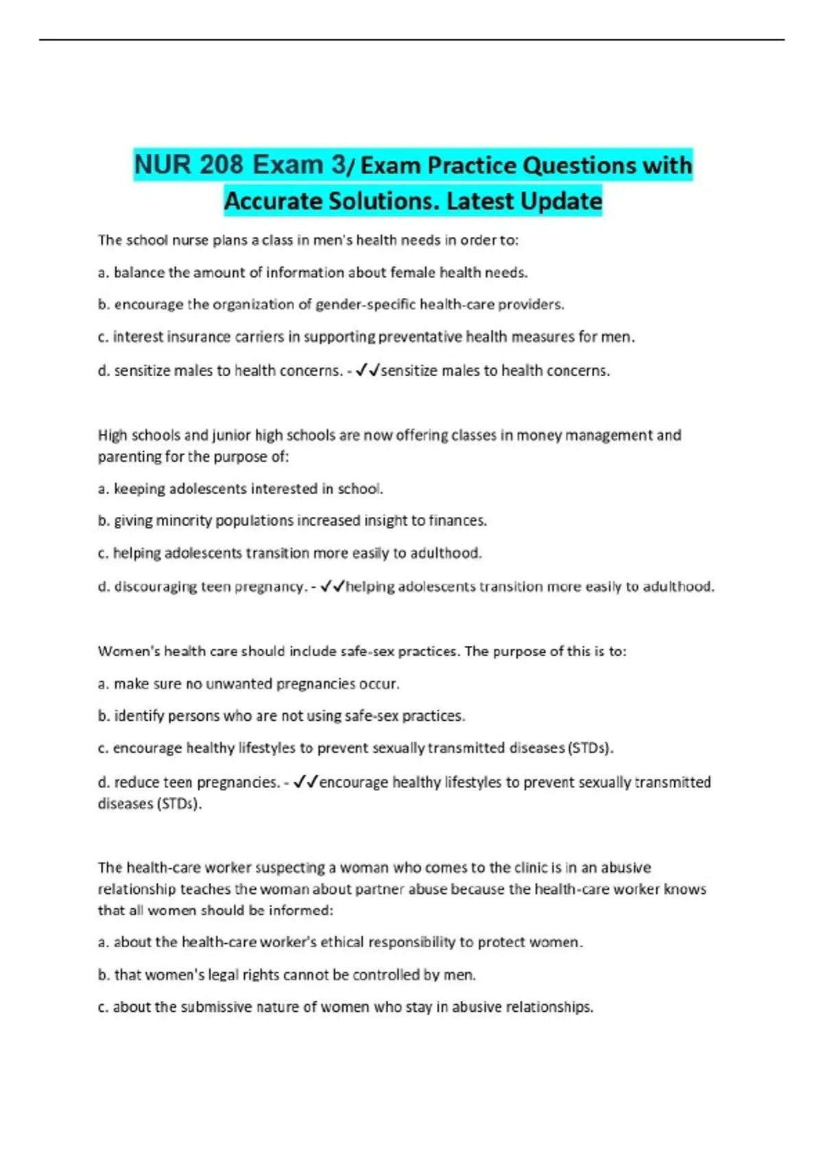 NUR 208 Exam 3/ Exam Practice Questions with Accurate Solutions. Latest ...