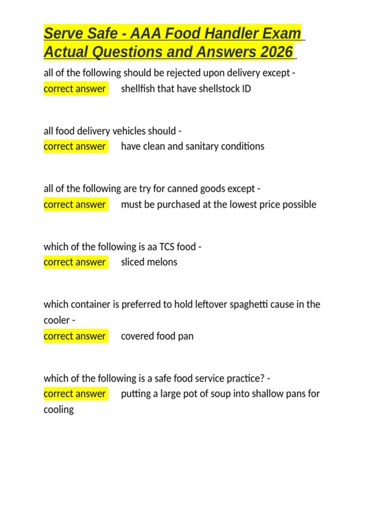 Serve Safe - AAA Food Handler Exam Actual Questions and Answers 2026 ...