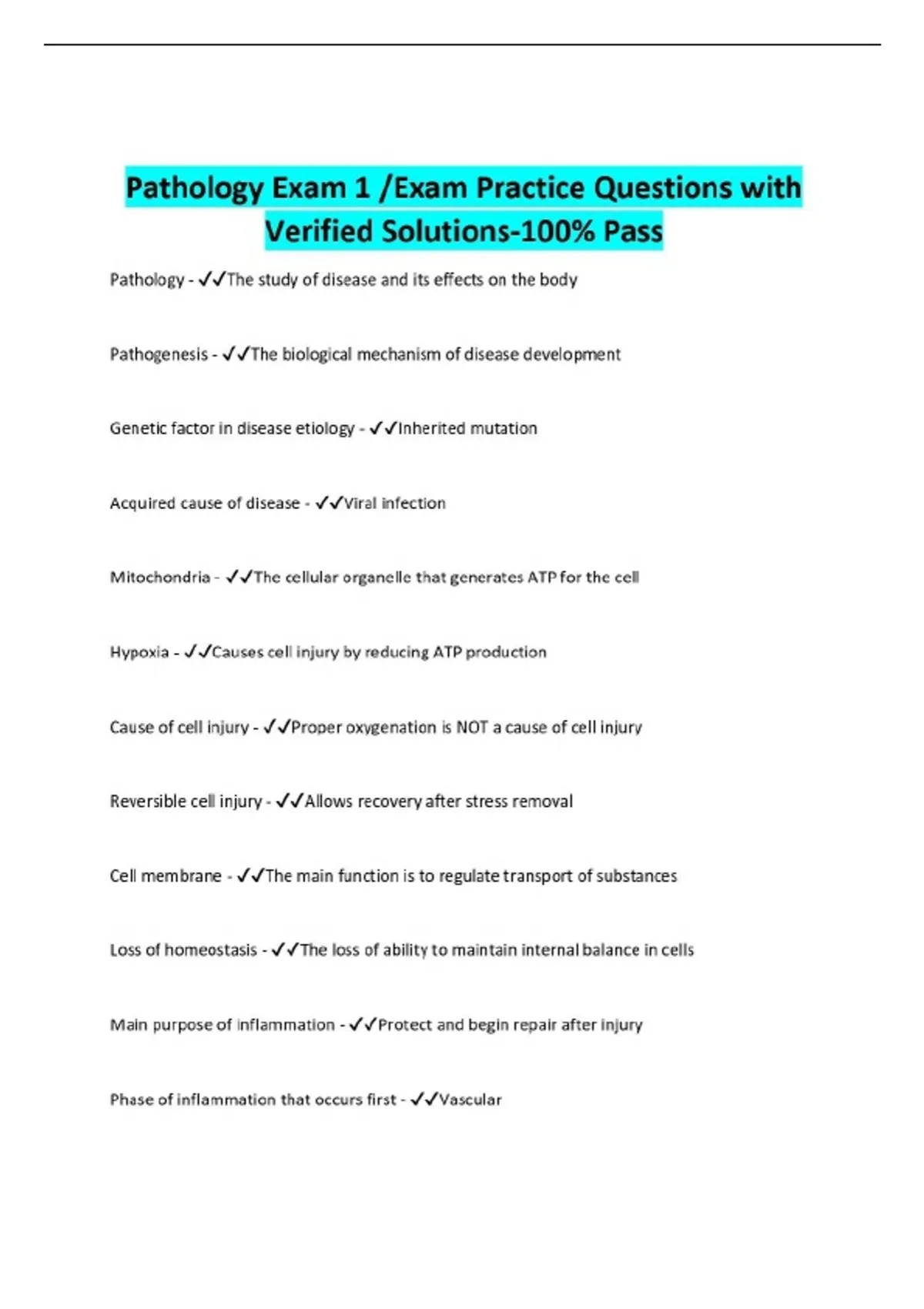 Pathology Exam 1 /Exam Practice Questions with Verified Solutions-100% ...