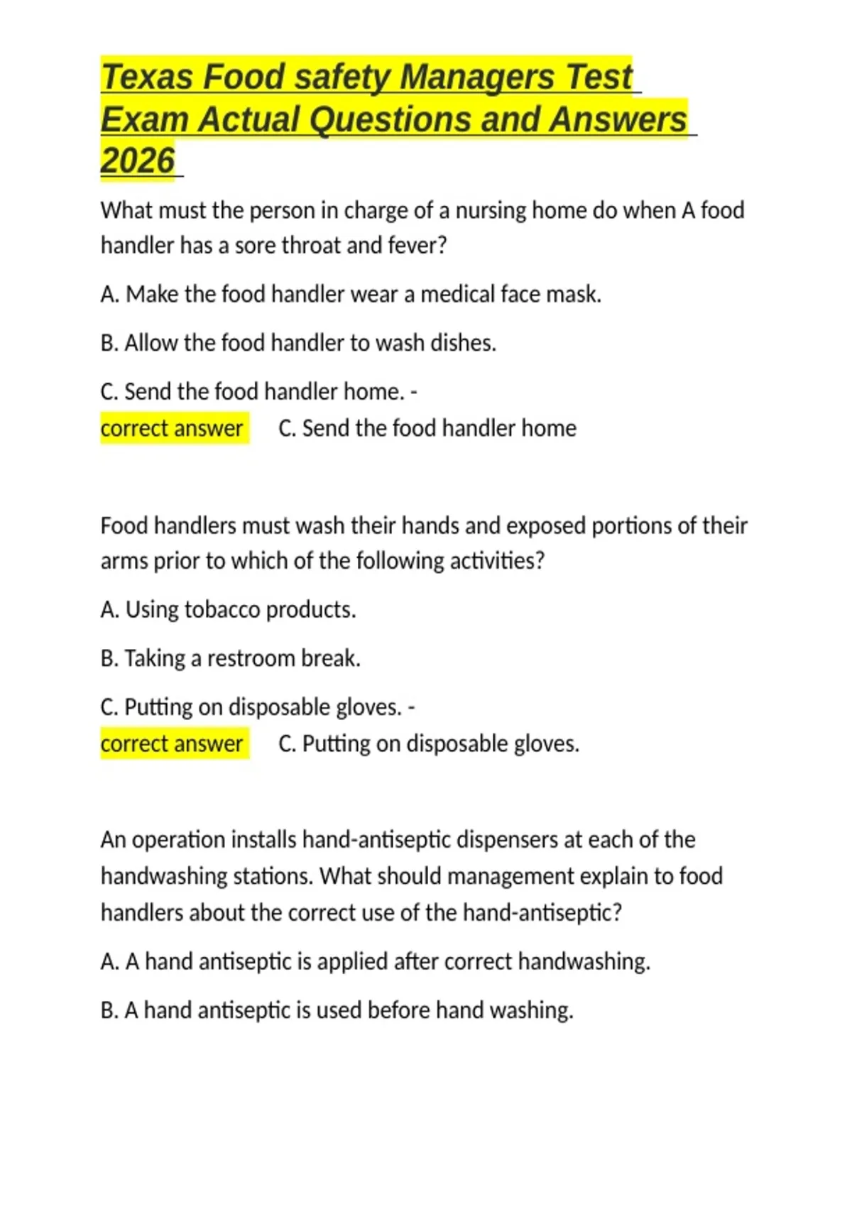 Texas Food safety Managers Test Exam Actual Questions and Answers 2026 ...