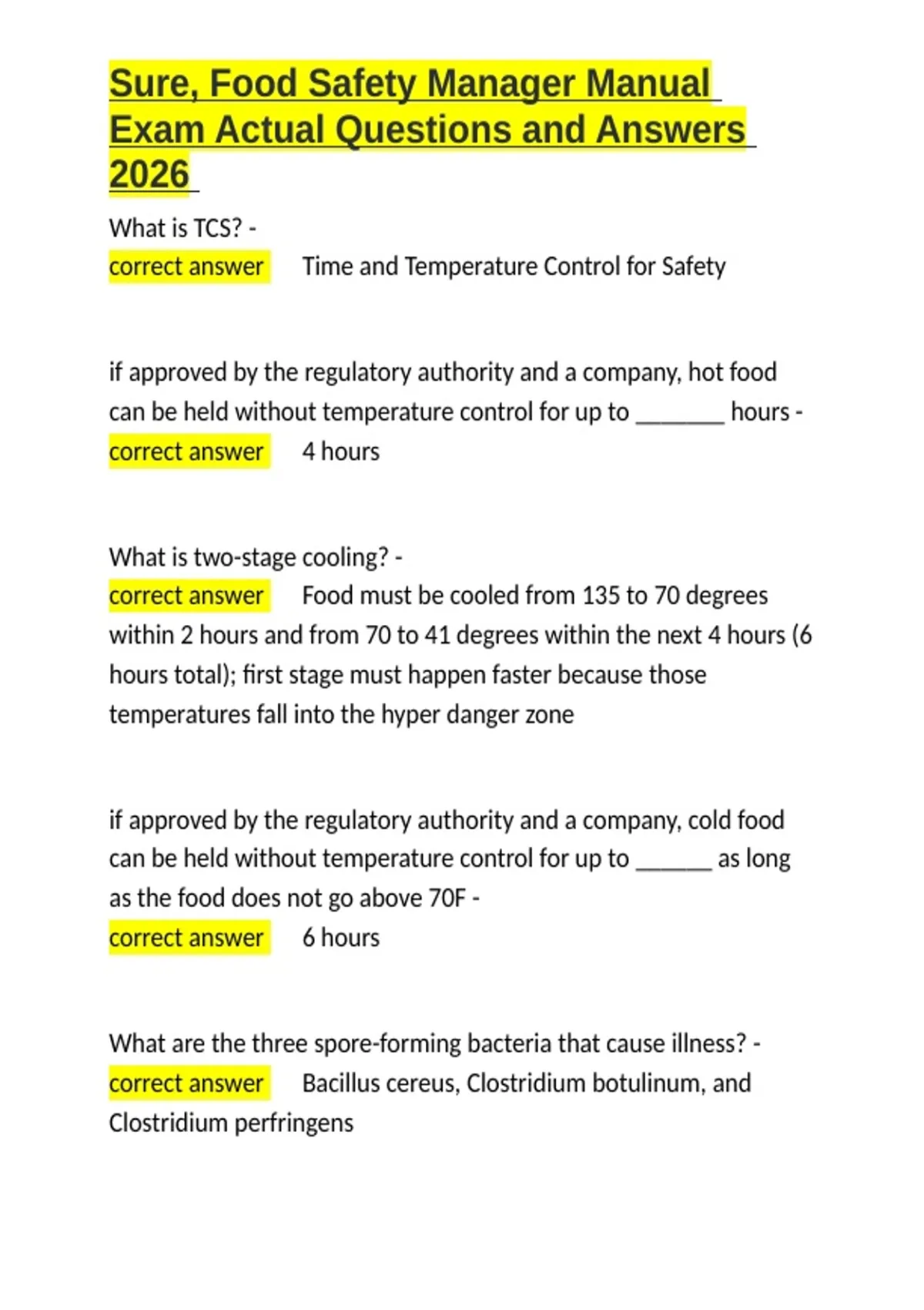 Sure, Food Safety Manager Manual Exam Actual Questions and Answers 2026 ...