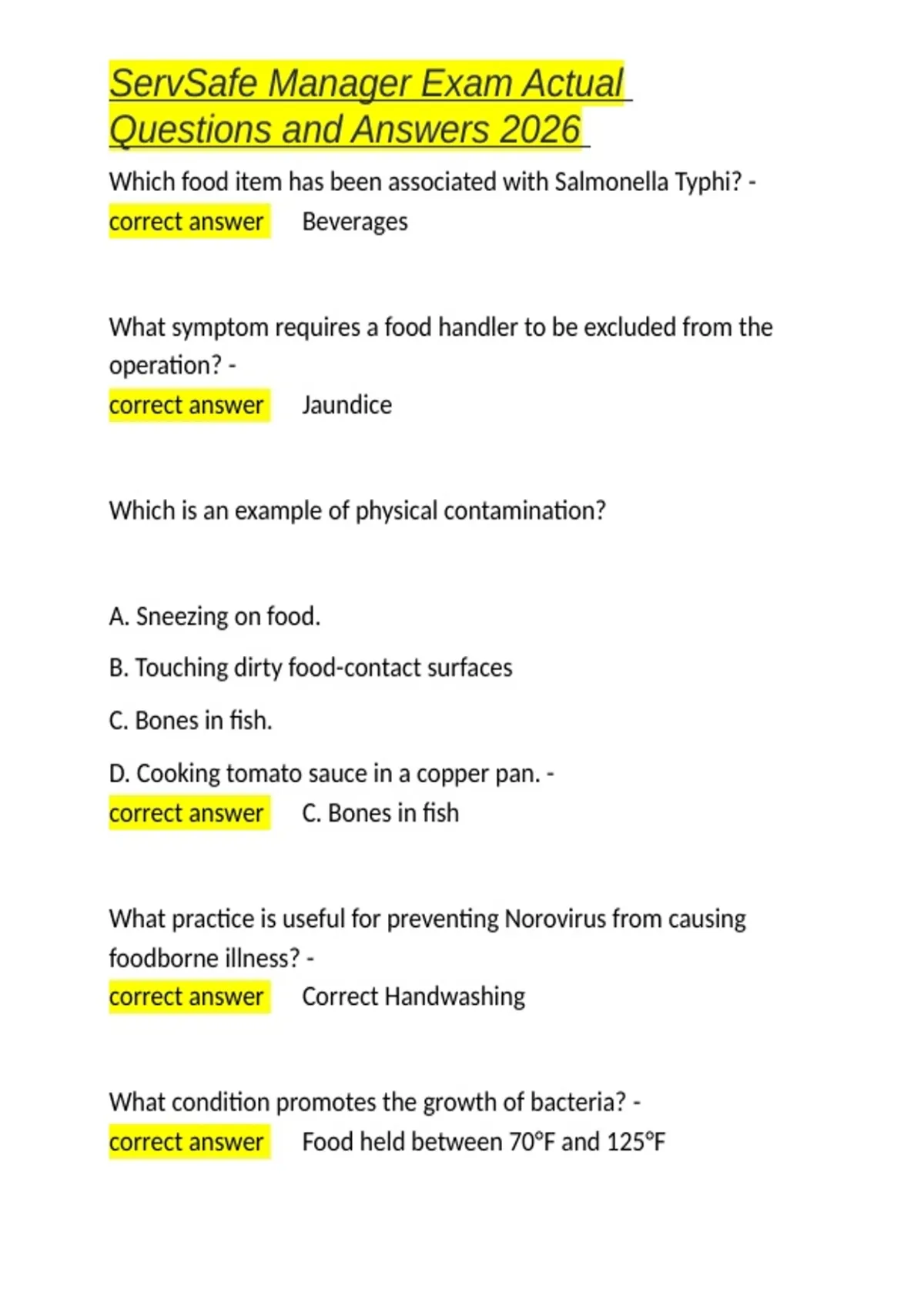ServSafe Manager Exam Actual Questions and Answers 2026.docx - Food ...