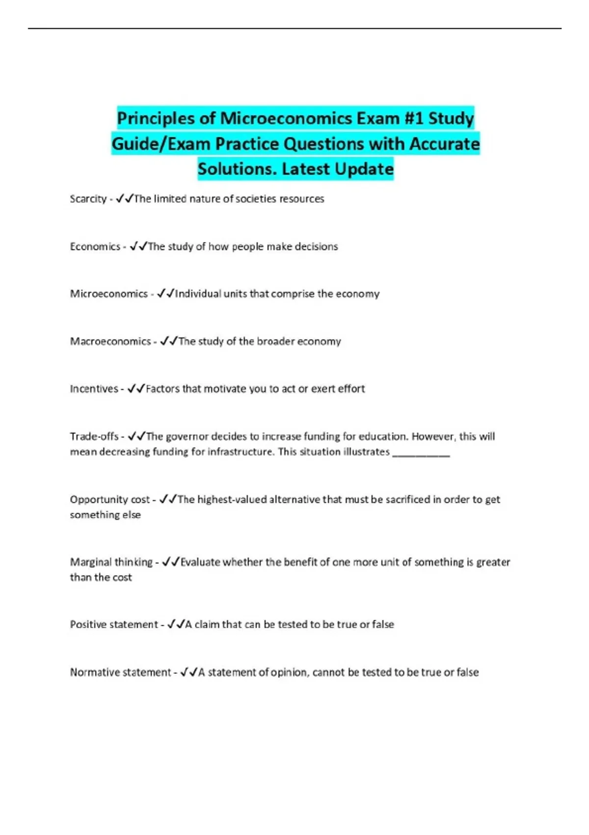 Principles of Microeconomics Exam #1 Study Guide/Exam Practice ...