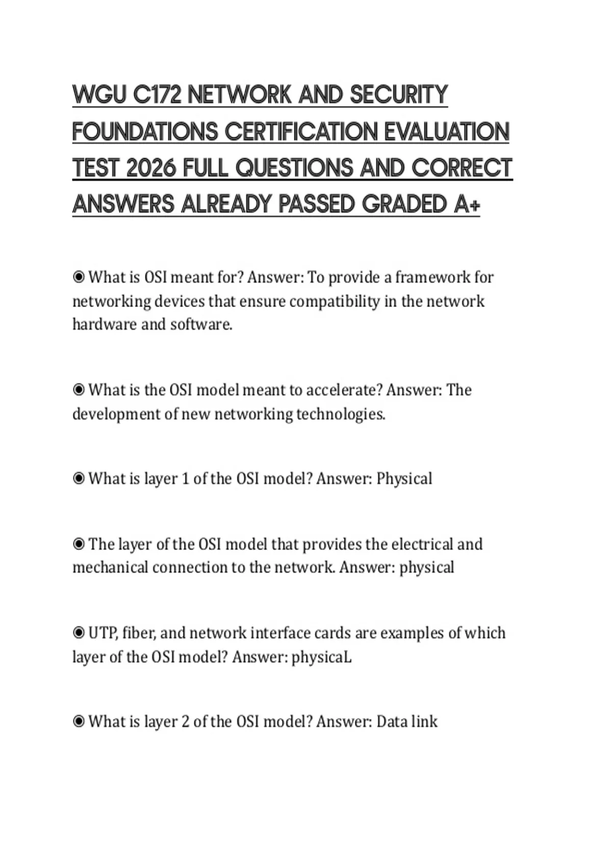 WGU C172 NETWORK AND SECURITY FOUNDATIONS CERTIFICATION EVALUATION TEST ...