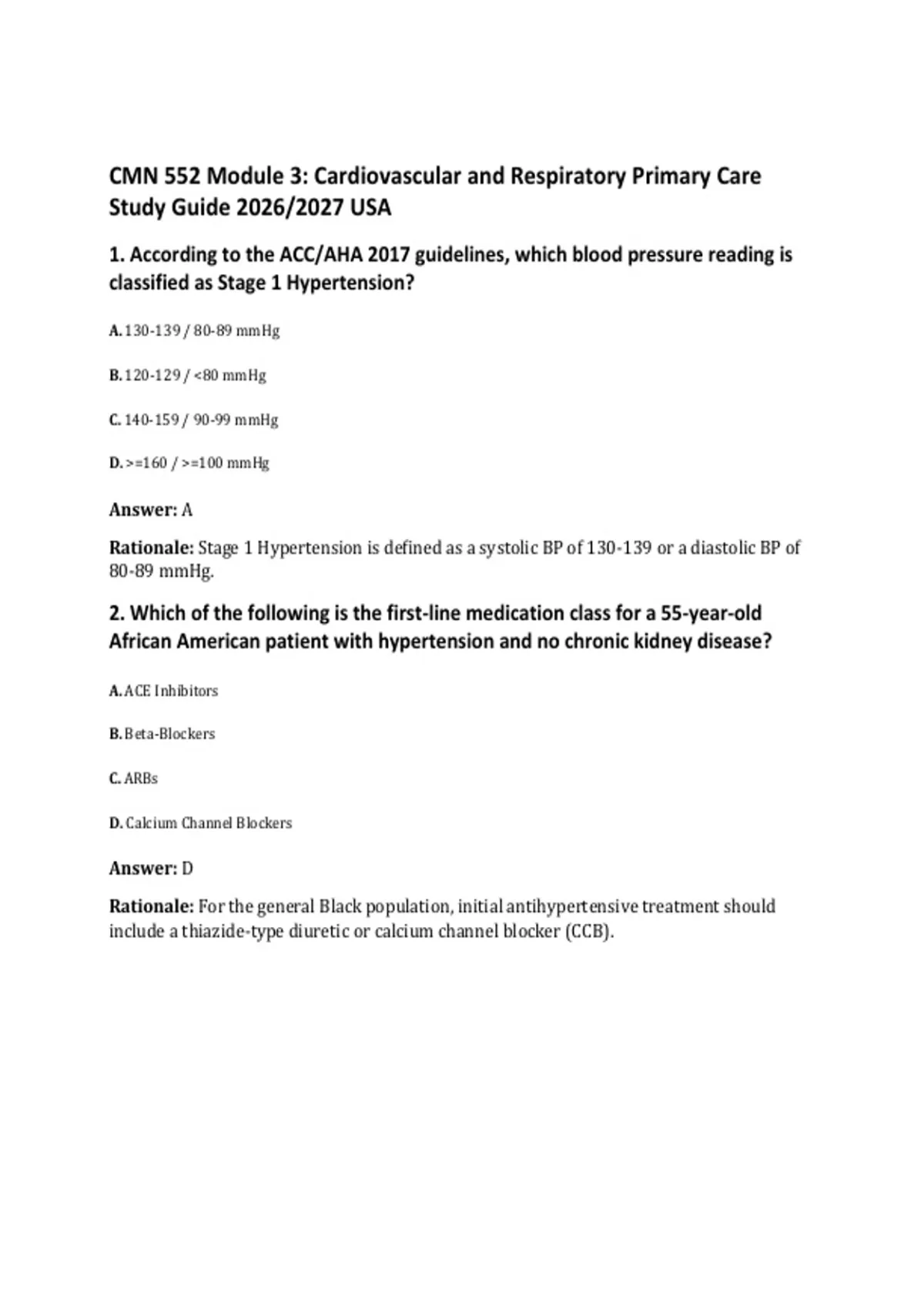 CMN 552 Module 3: Cardiovascular and Respiratory Primary Care Study ...