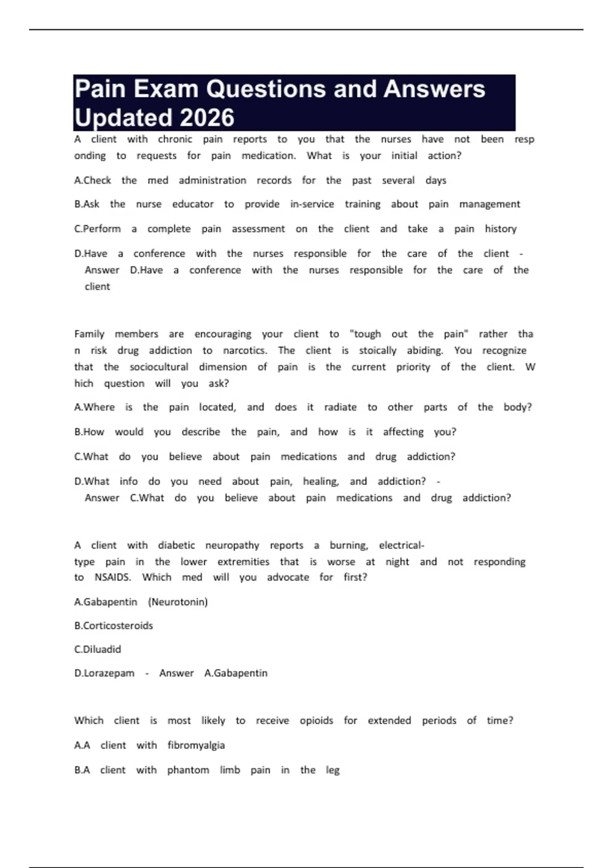 Pain Exam Questions and Answers Updated 2026 - Pain management nursing ...