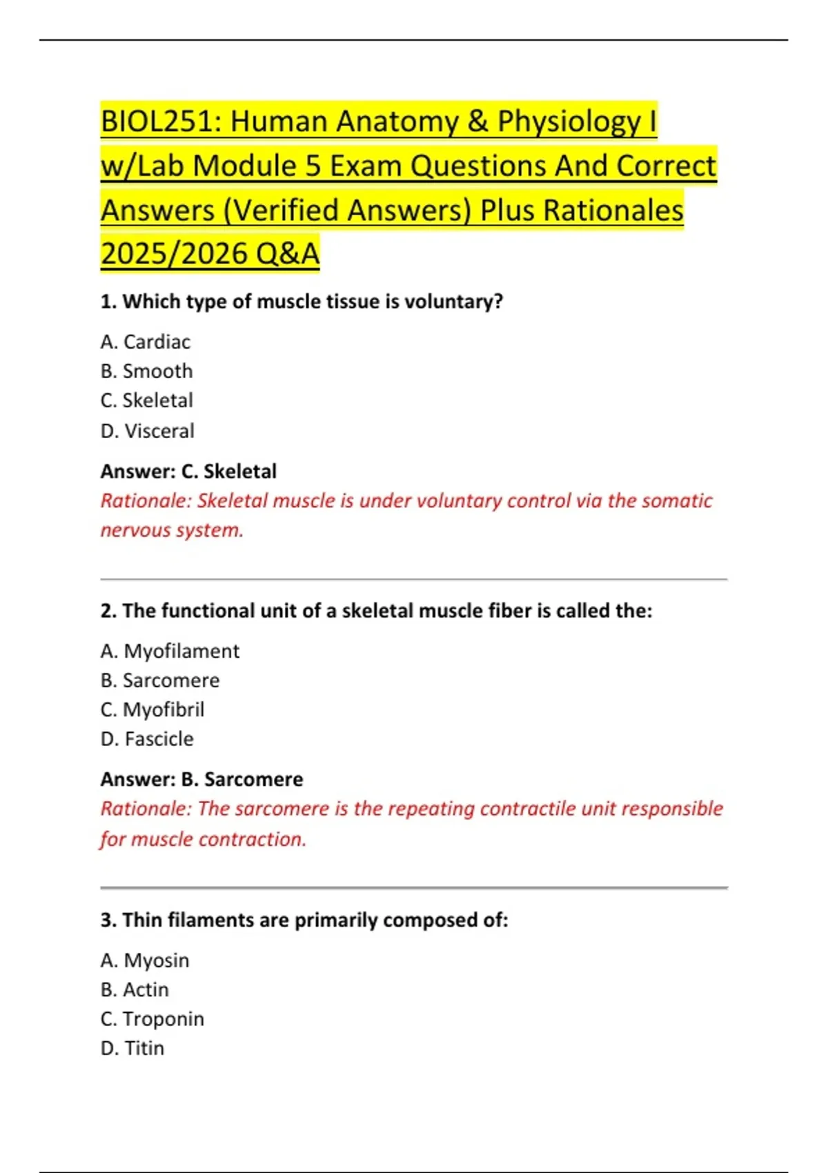 BIOL251: Human Anatomy & Physiology I w/Lab Module 5 Exam Questions And ...