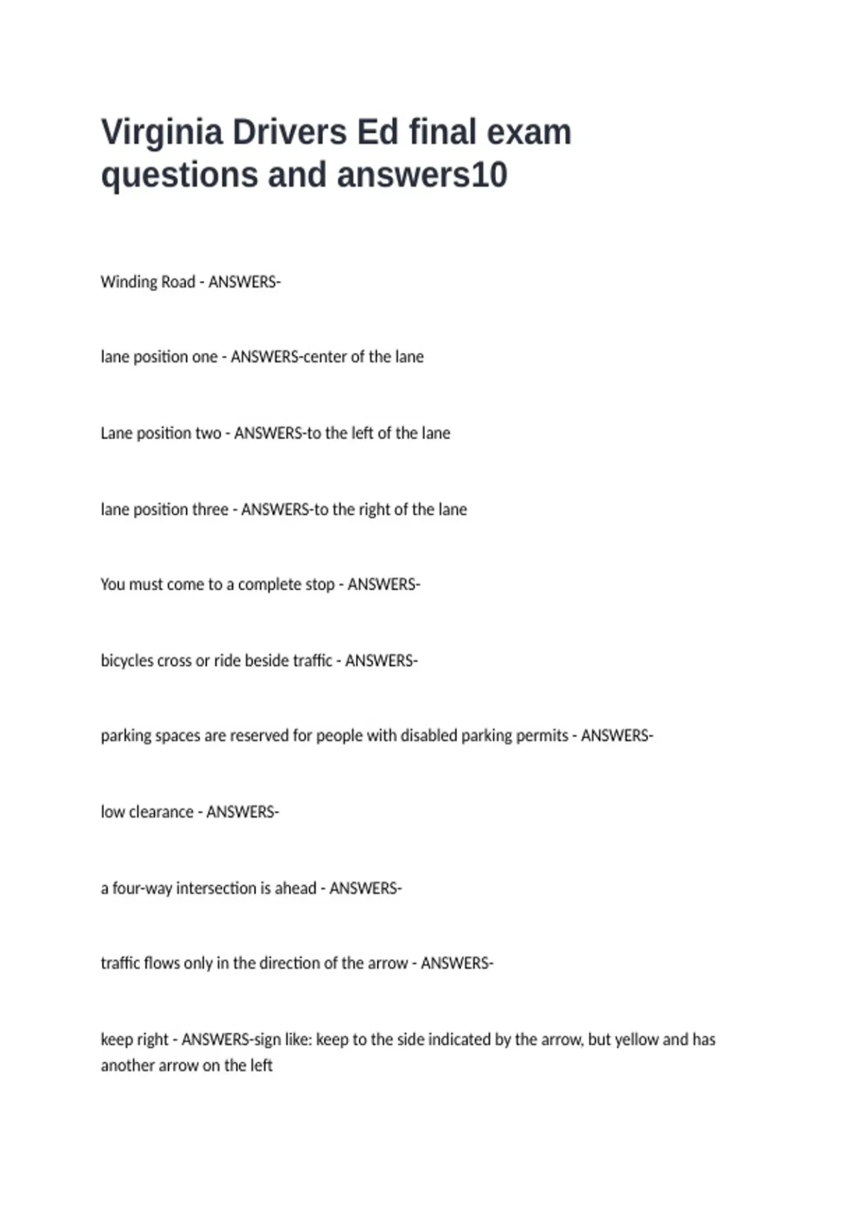 Virginia Drivers Ed final exam questions and answers - Virginia - Stuvia US