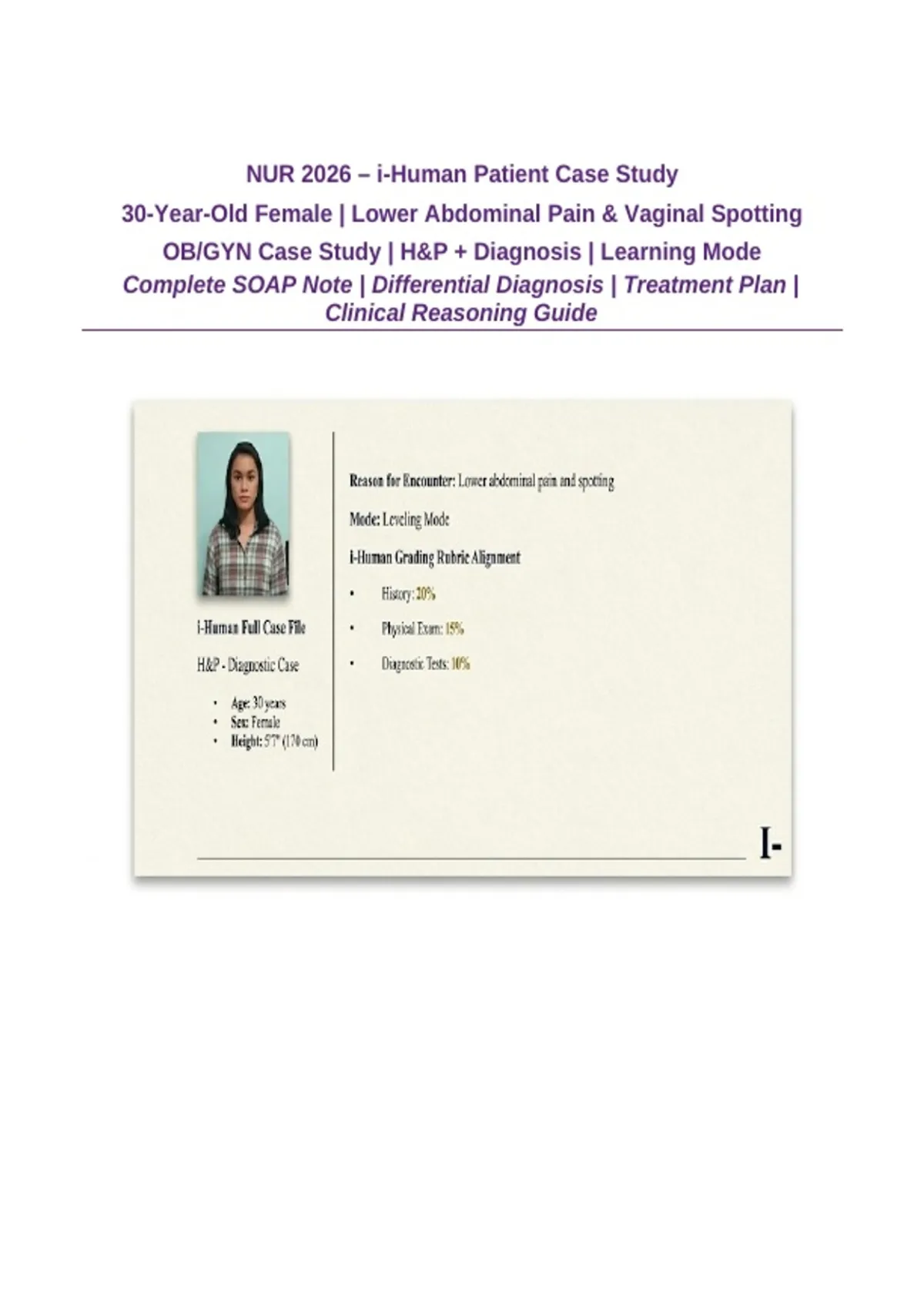 NUR 2026 – i-Human Patient Case Study 30-Year-Old Female | Lower ...