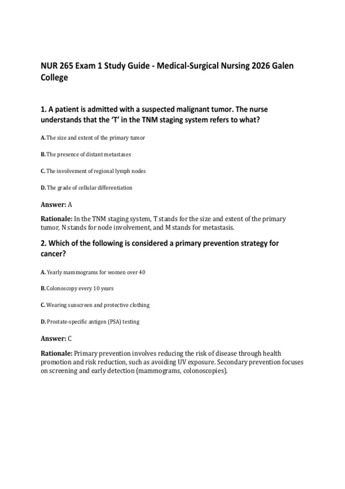 NUR 265 Exam 1 Study Guide - Medical-Surgical Nursing 2026 Galen ...