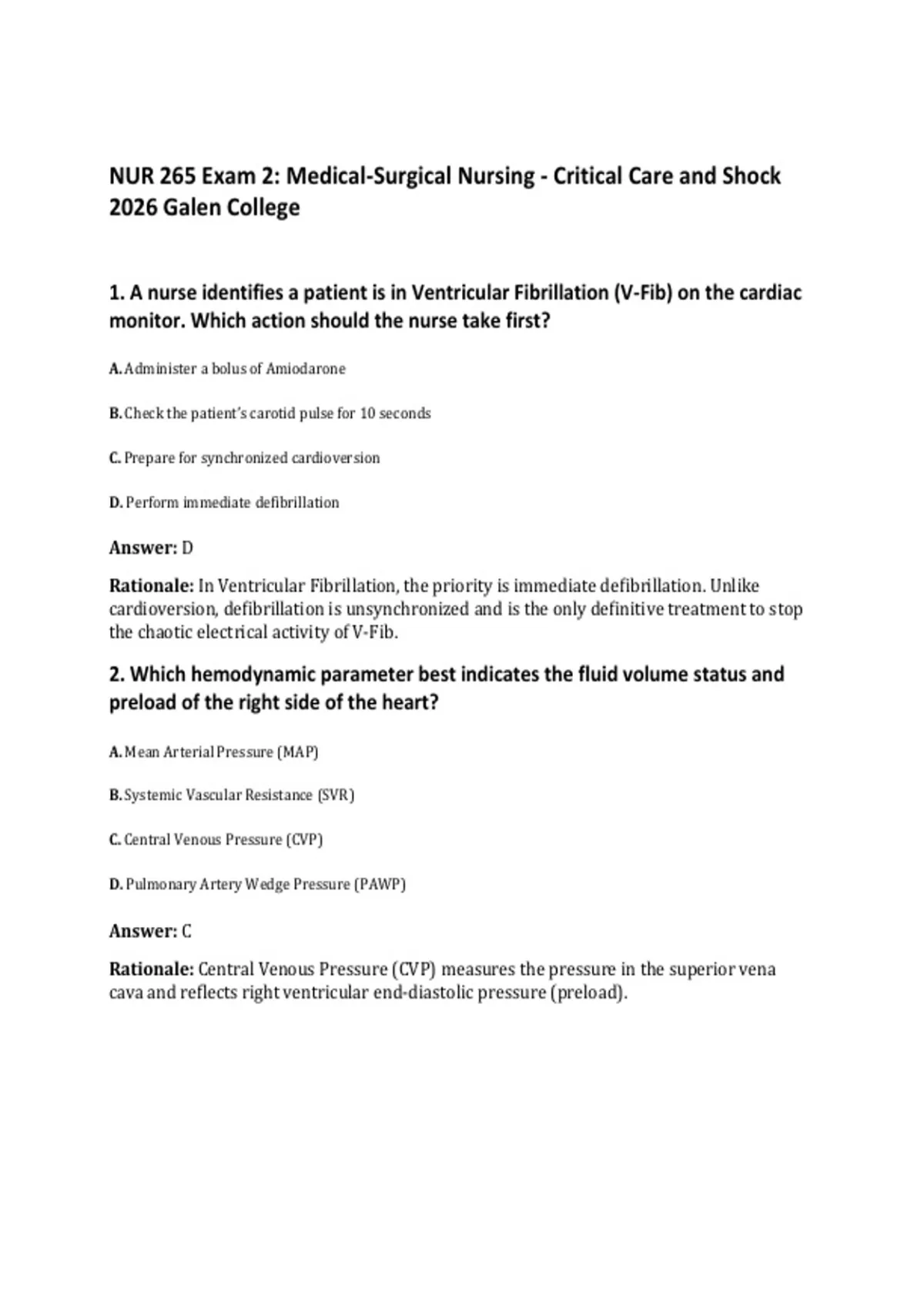 NUR 265 Exam 2: Medical-Surgical Nursing - Critical Care and Shock 2026 ...