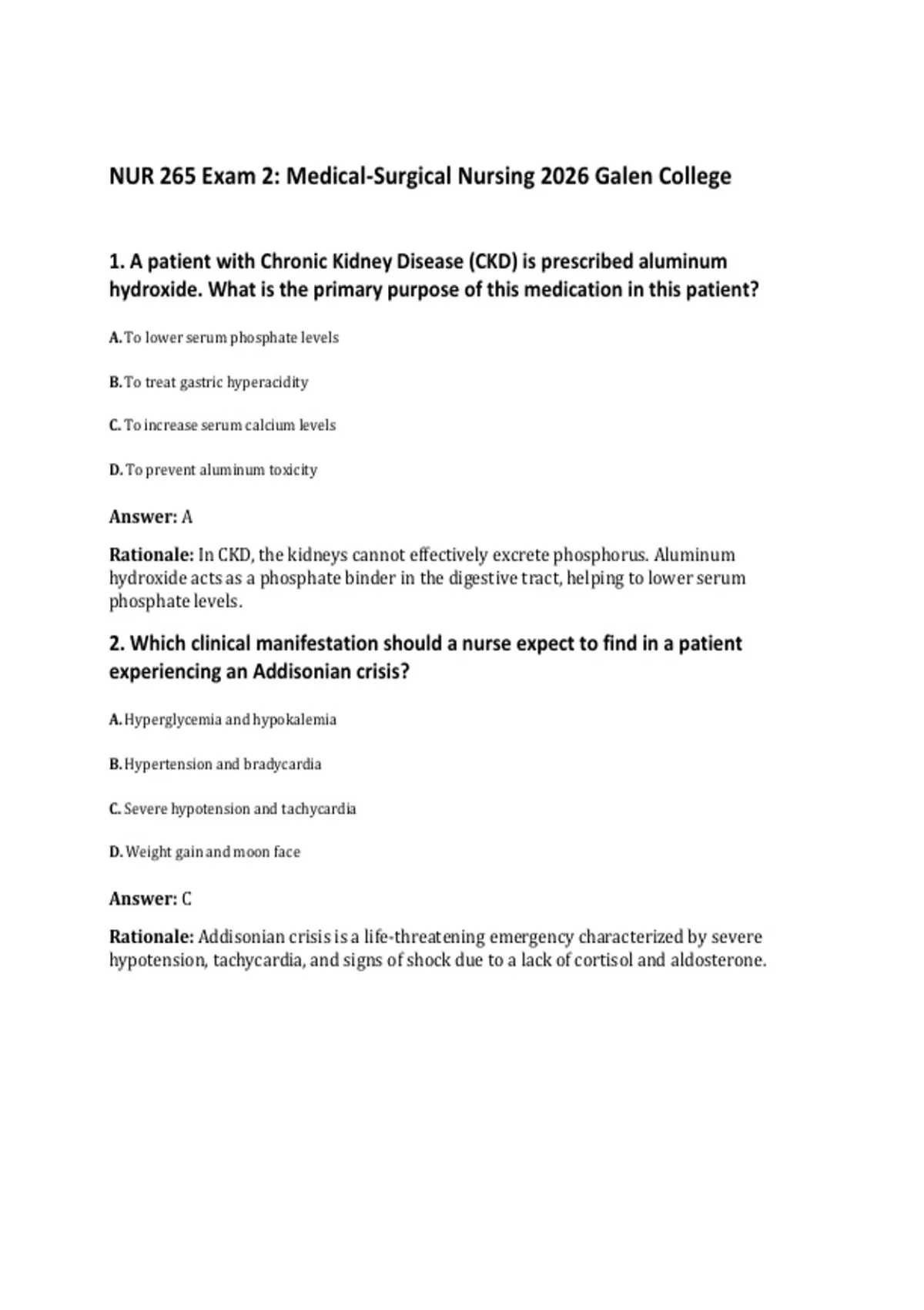 NUR 265 Exam 2: Medical-Surgical Nursing 2026 Galen College - Advanced ...