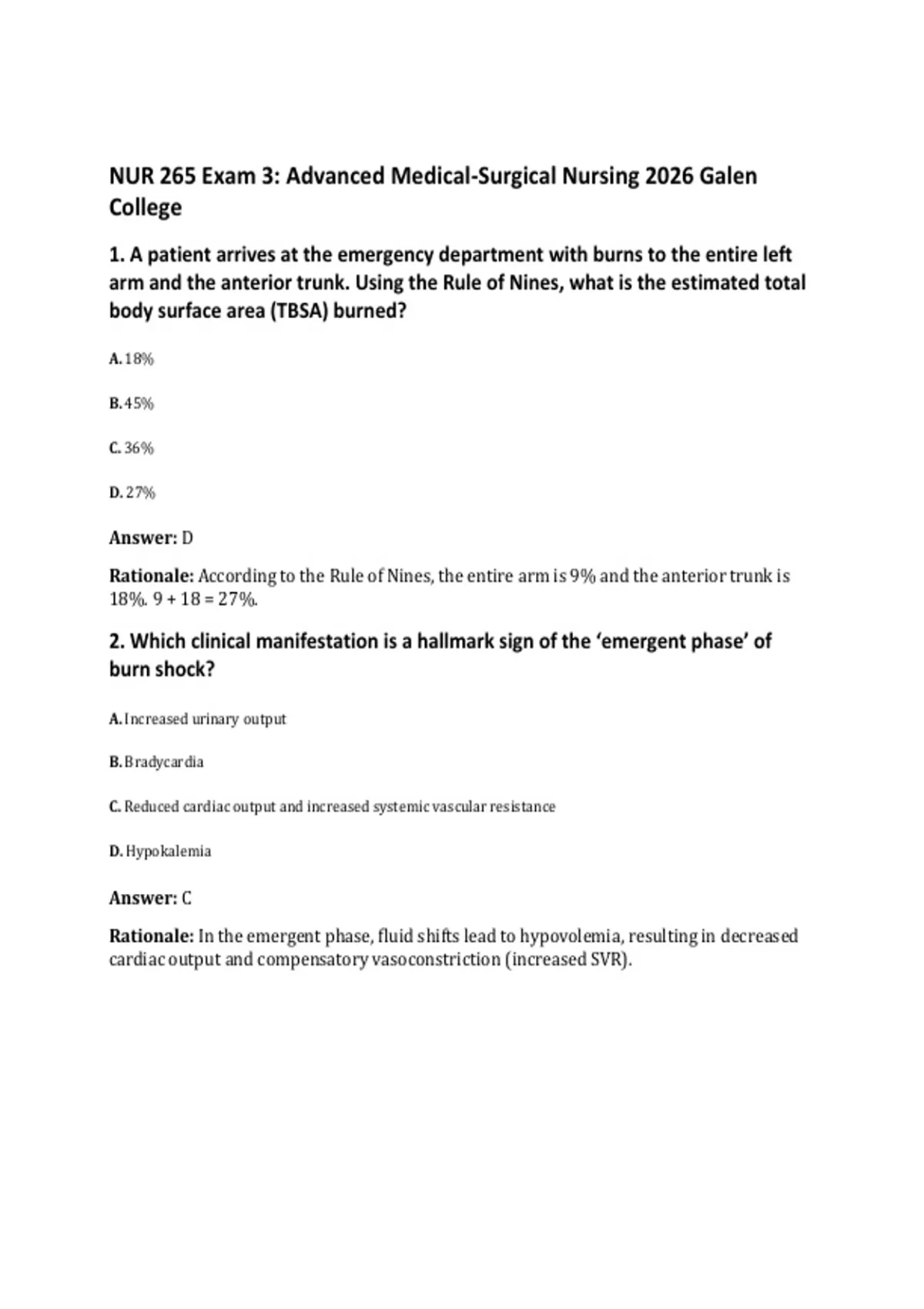 NUR 265 Exam 3: Advanced Medical-Surgical Nursing 2026 Galen College ...