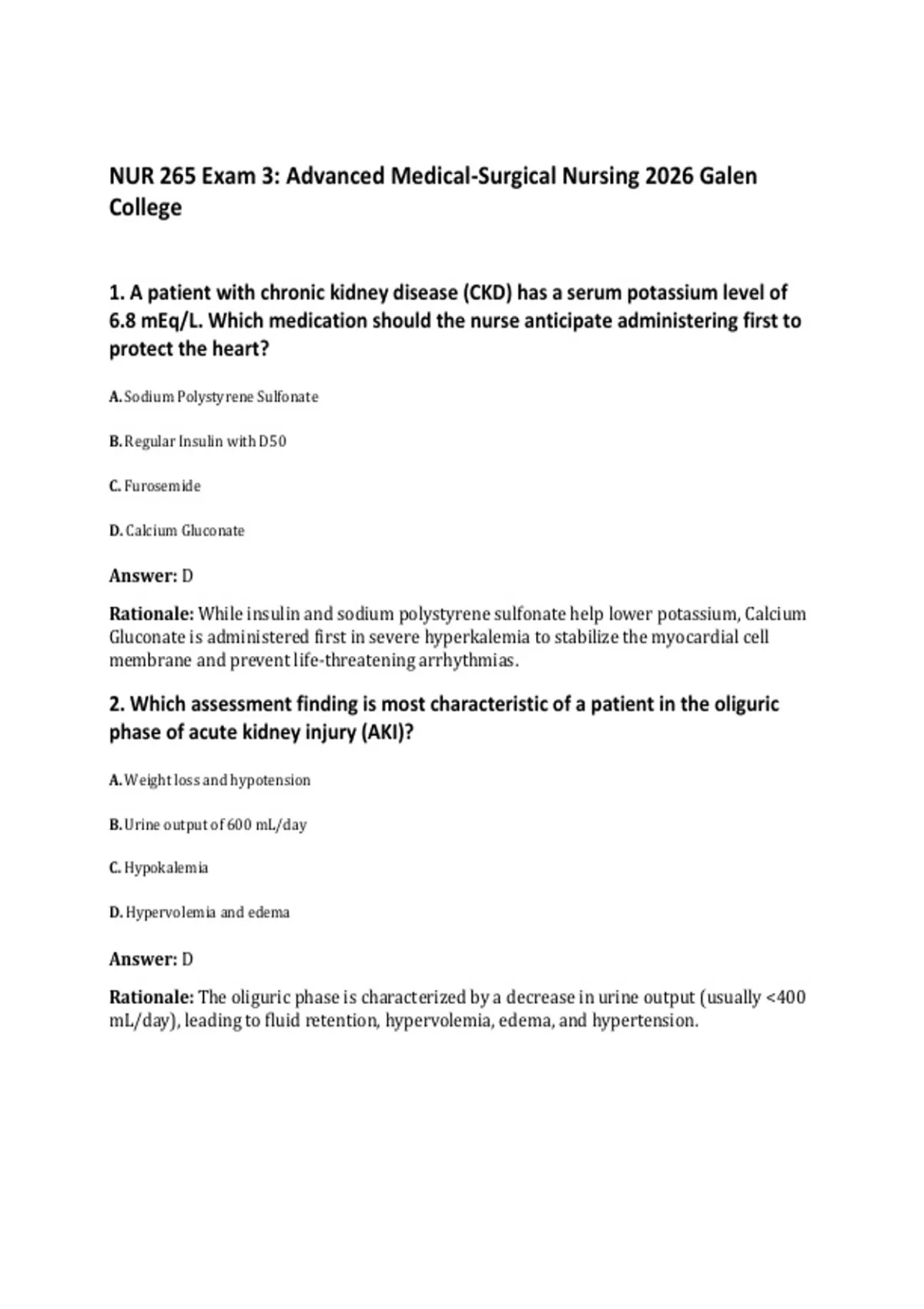 NUR 265 Exam 3: Advanced Medical-Surgical Nursing 2026 Galen College ...
