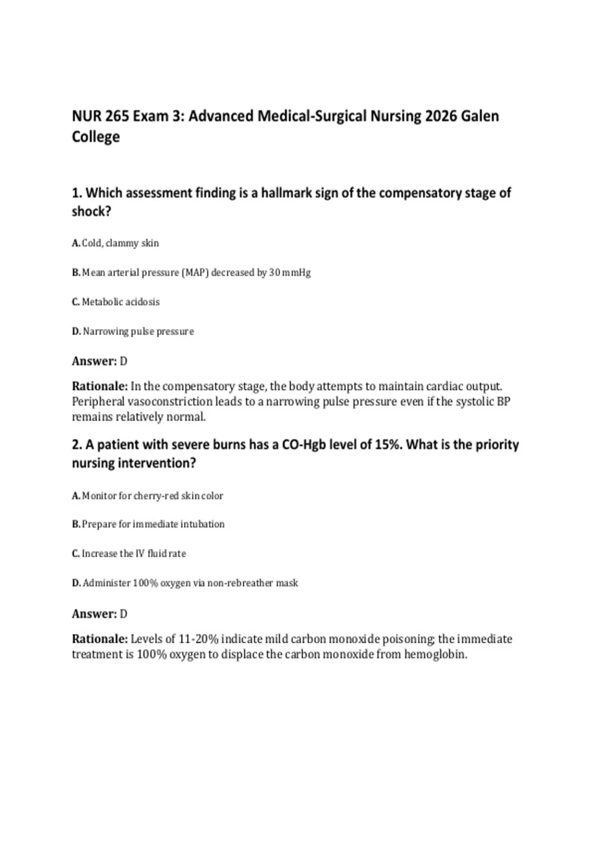 NUR 265 Exam 3: Advanced Medical-Surgical Nursing 2026 Galen College ...