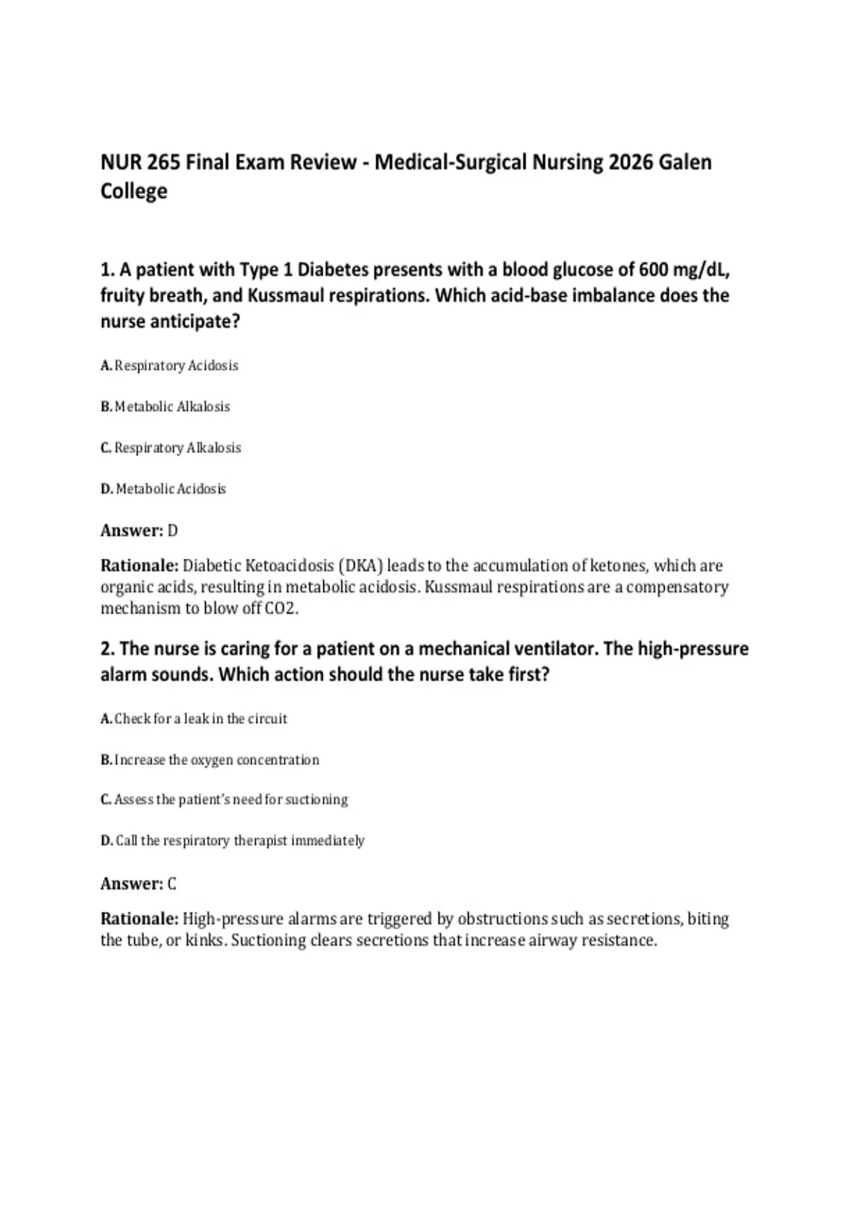 NUR 265 Final Exam Review - Medical-Surgical Nursing 2026 Galen College ...