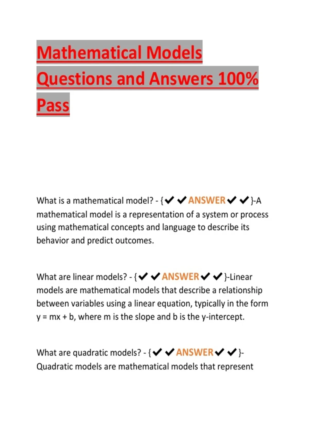 Mathematical Models Questions and Answers 100% Pass - 3X@M - Stuvia US