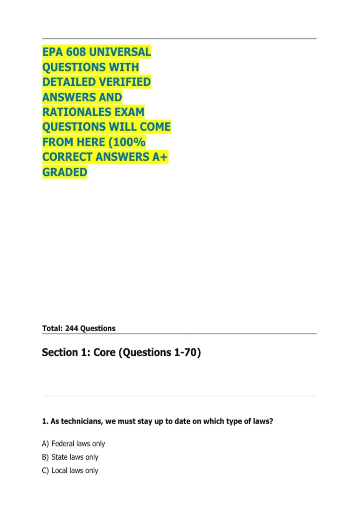 EPA 608 UNIVERSAL QUESTIONS WITH DETAILED VERIFIED ANSWERS AND ...