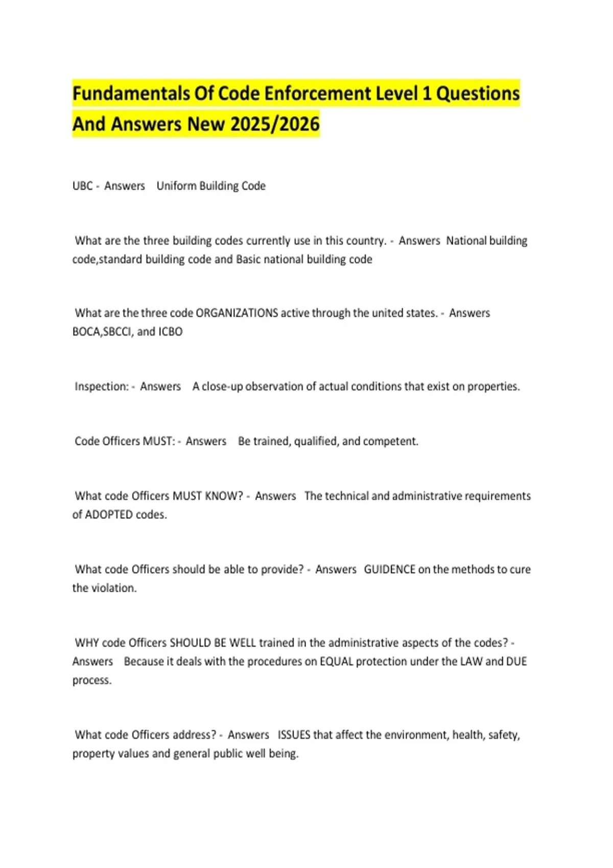 Code Enforcement Reference Guide Fundamentals Of Code Enforcement Level 1 Questions And Answers New 2025 ...