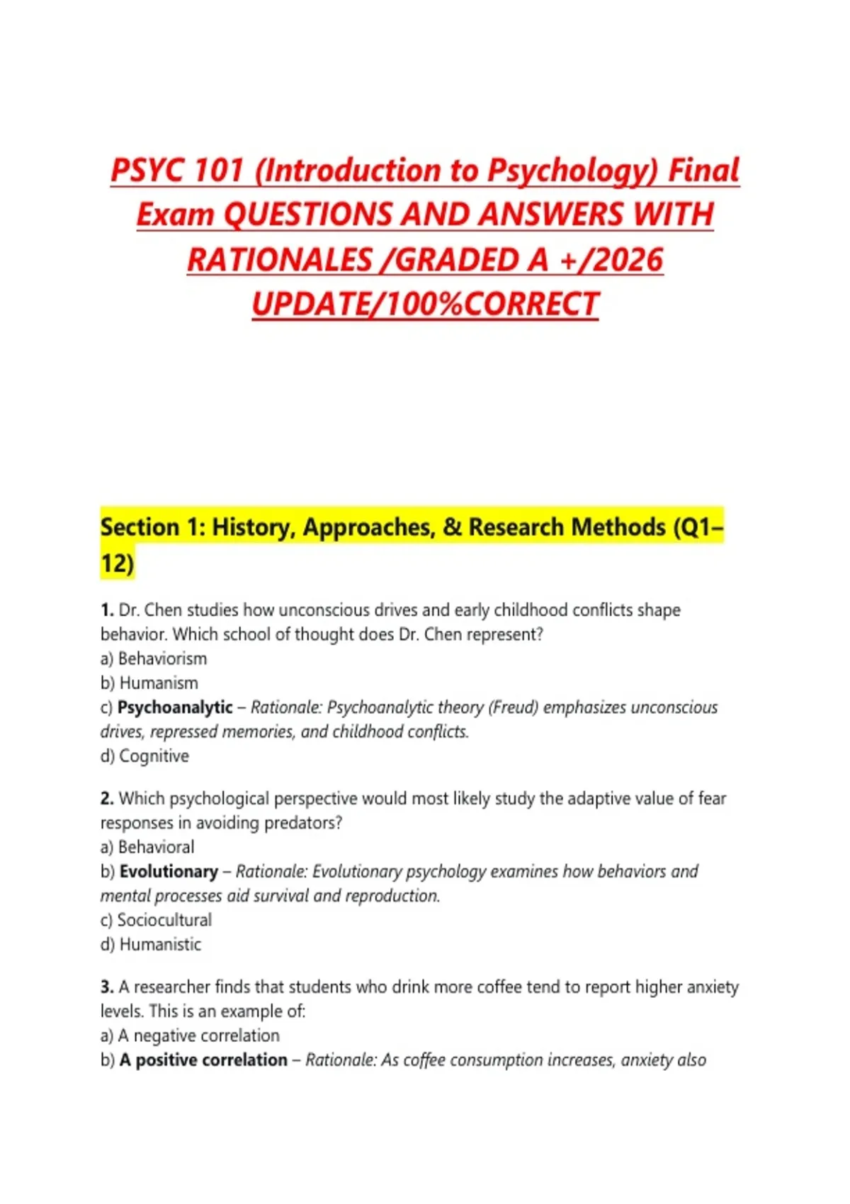 PSYC 101 (Introduction to Psychology) Final Exam QUESTIONS AND ANSWERS ...