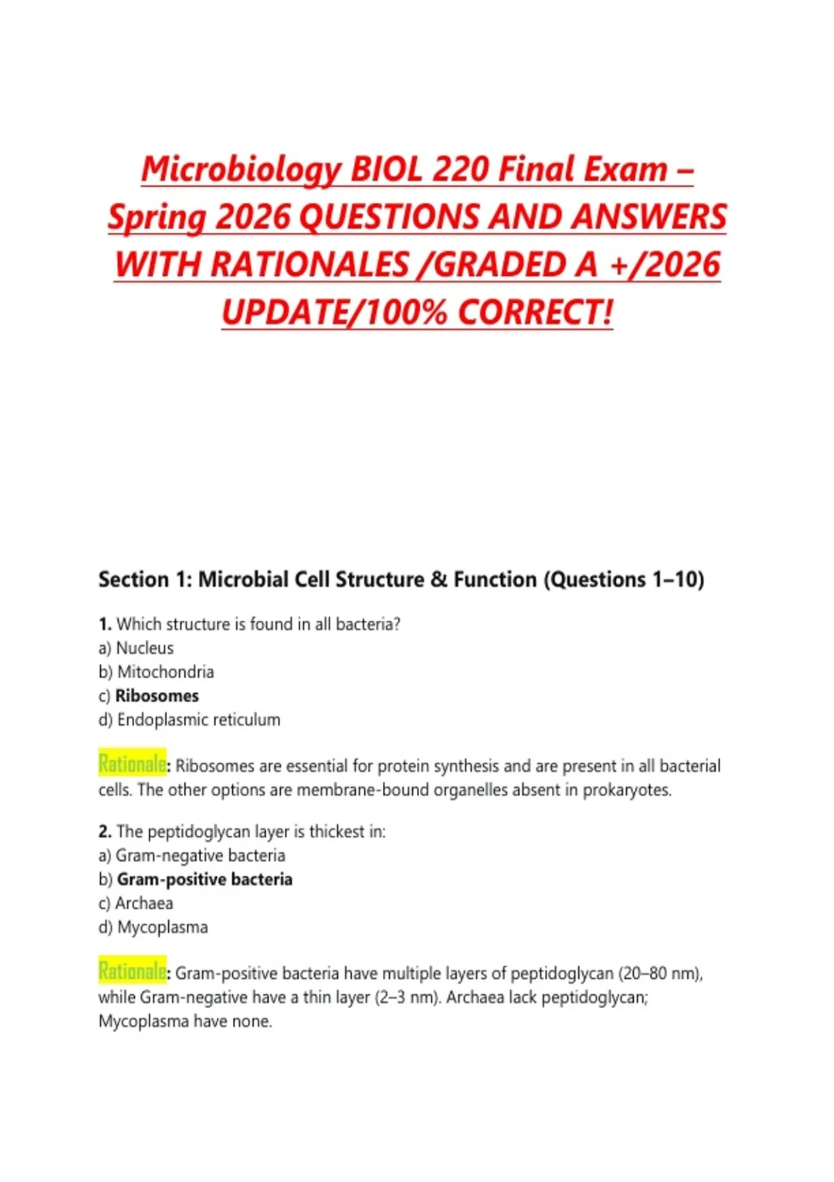 Microbiology BIOL 220 Final Exam – Spring 2026 QUESTIONS AND ANSWERS ...