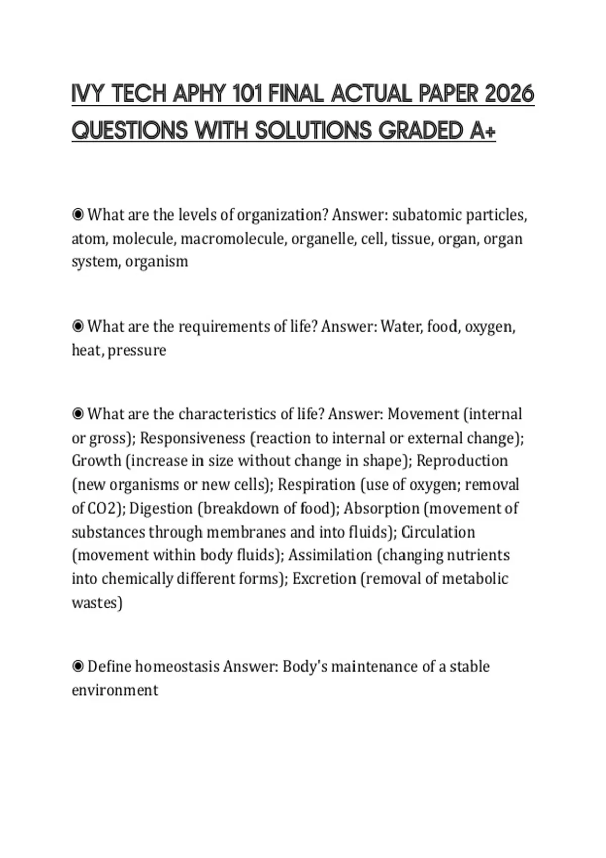 IVY TECH APHY 101 FINAL ACTUAL PAPER 2026 QUESTIONS WITH SOLUTIONS ...