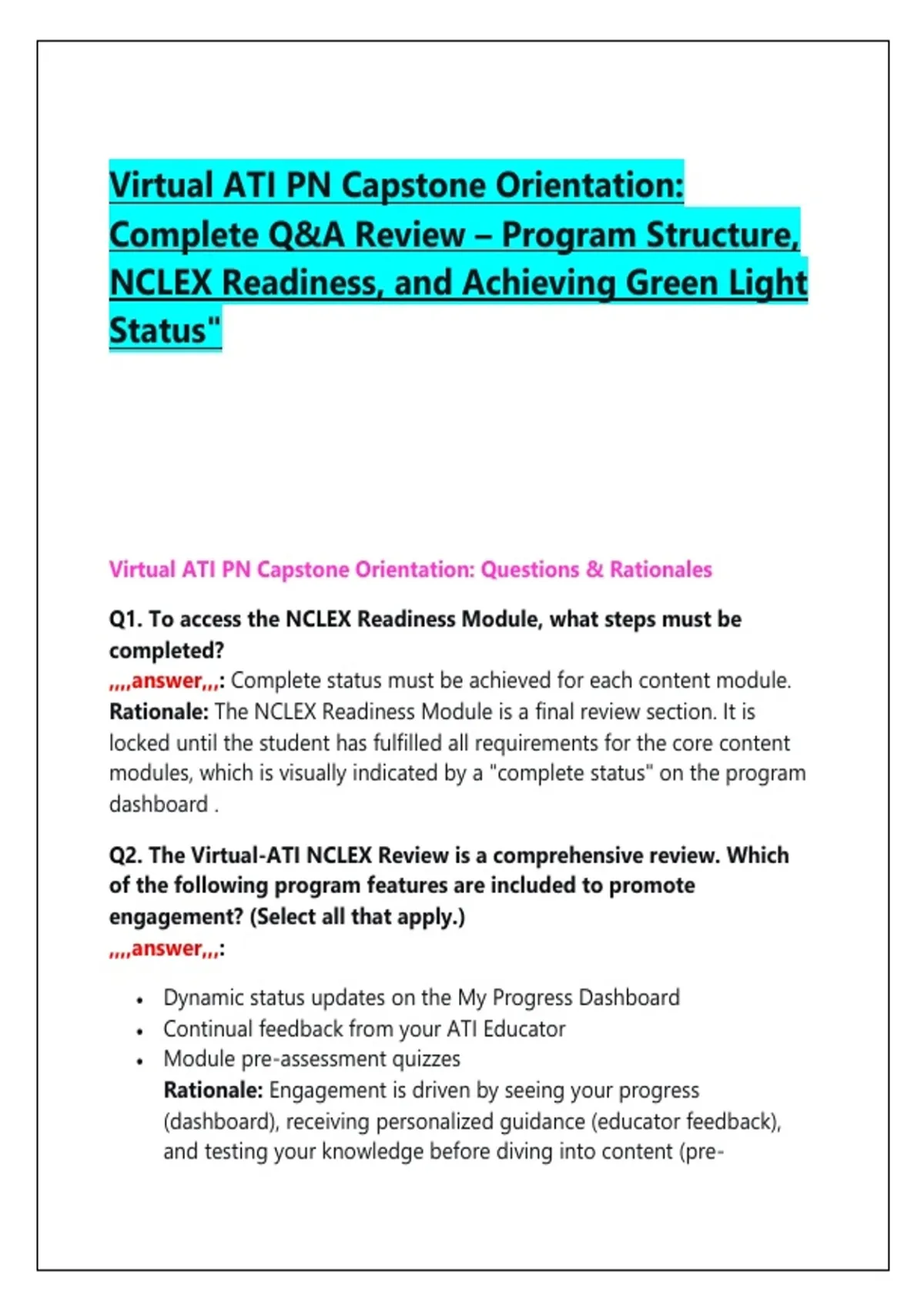 Virtual ATI PN Capstone Orientation: Complete Q&A Review – Program ...