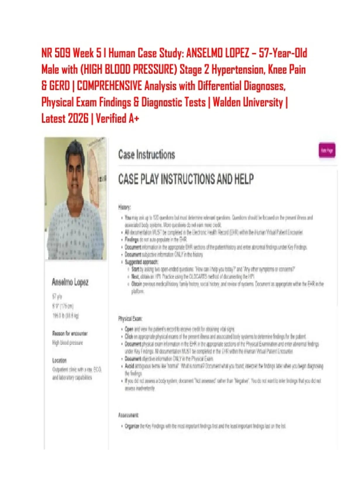 NR 509 Week 5 I Human Case Study: ANSELMO LOPEZ – 57-Year-Old Male with ...