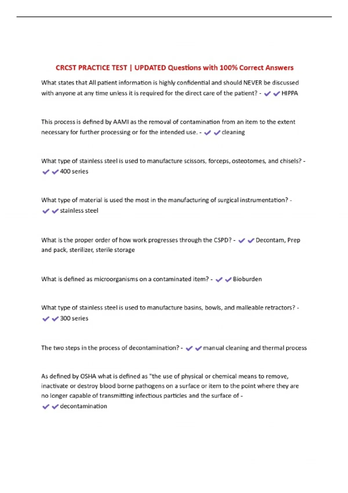 CRCST PRACTICE TEST | UPDATED Questions with 100% Correct Answers ...