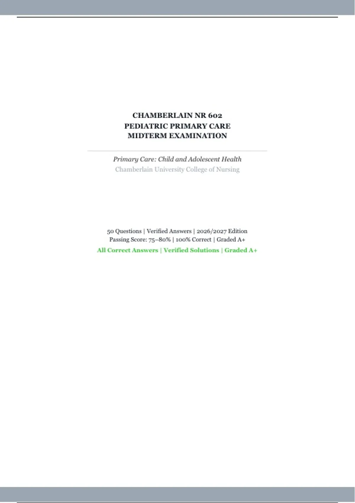 Chamberlain NR 602 Pediatric Primary Care Midterm Examination – Primary ...
