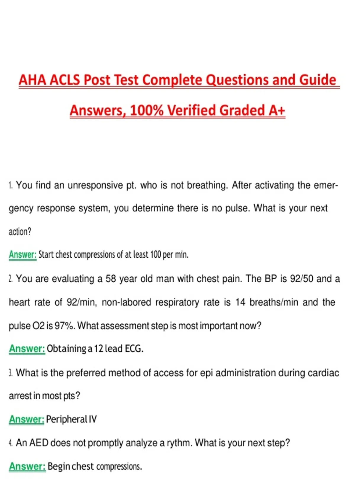AHA ACLS POST TEST 2026 PRACTICE QUESTIONS AND 100% VERIFIED ANSWERS ...