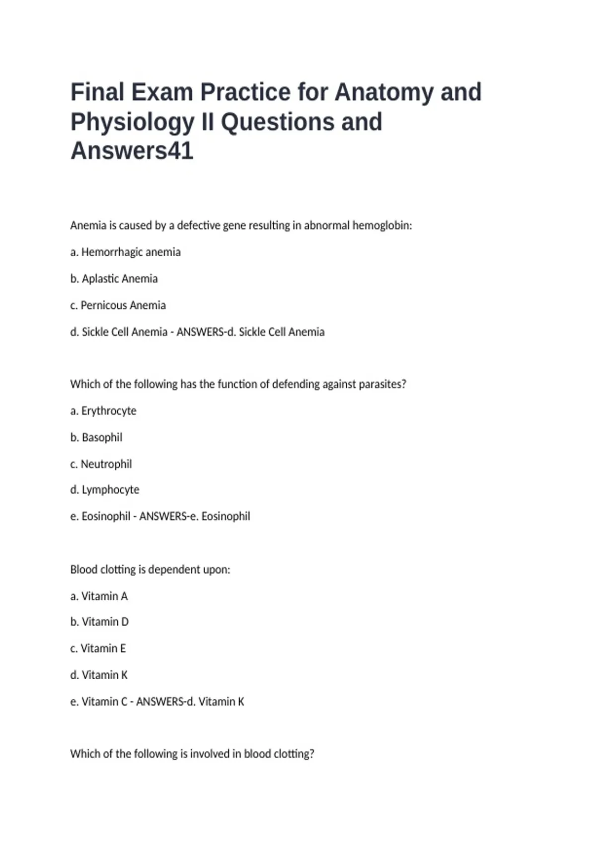 Final Exam Practice for Anatomy and Physiology II Questions and Answers ...