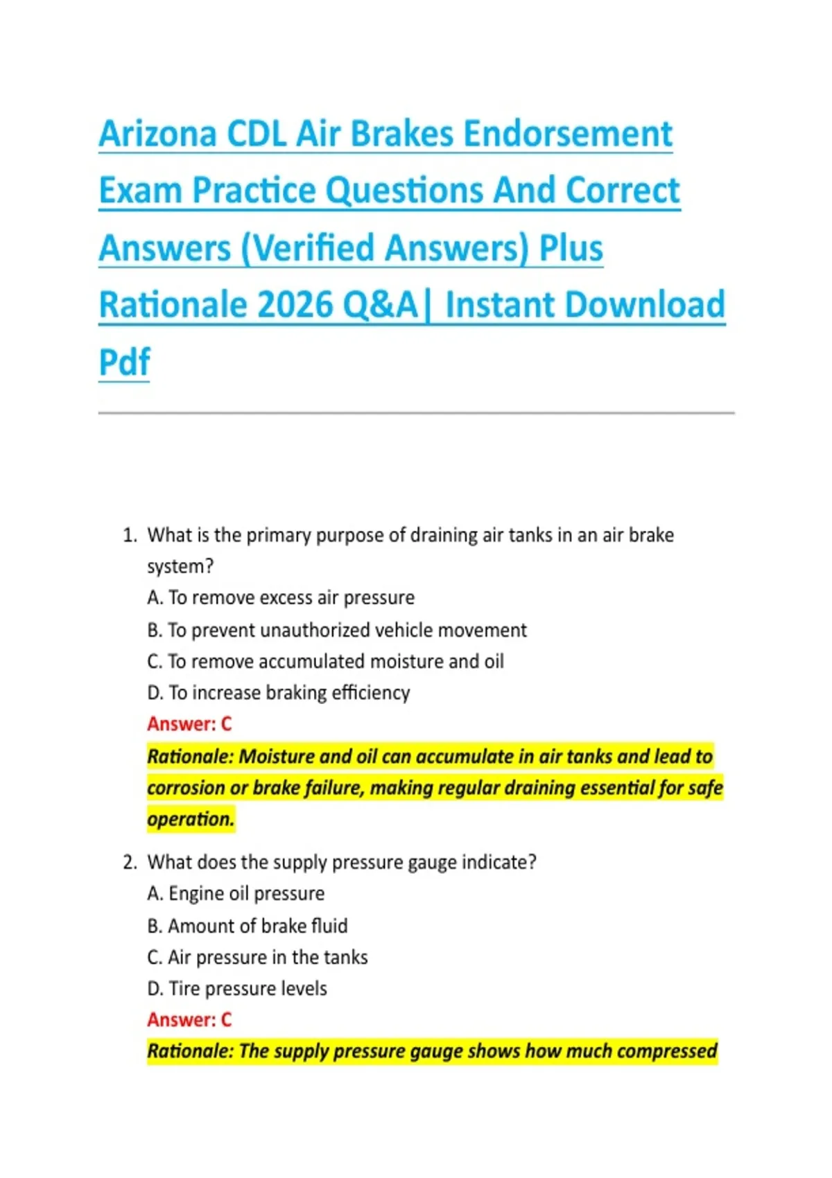 Arizona CDL Air Brakes Endorsement Exam Practice Questions And Correct ...