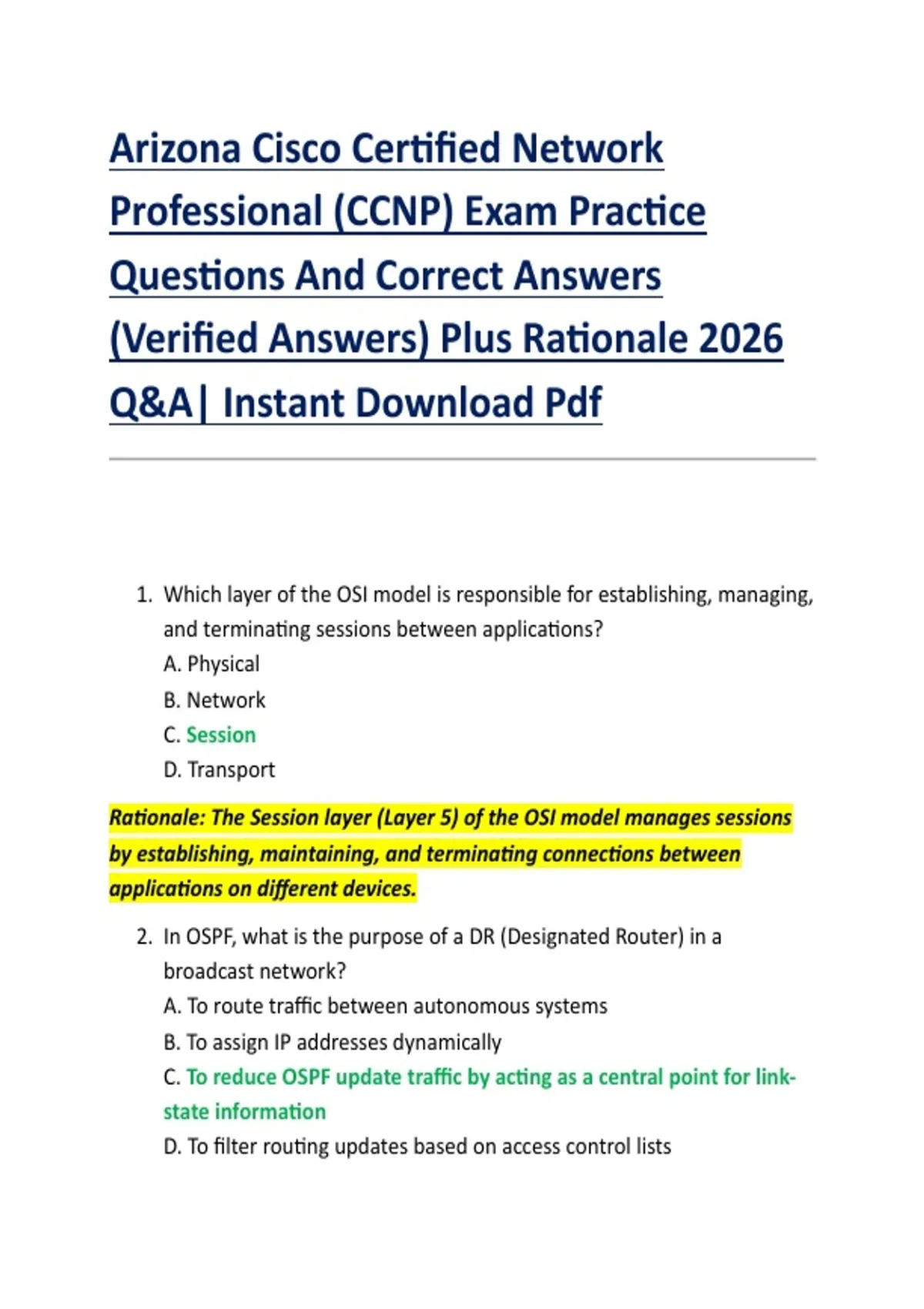 Arizona Cisco Certified Network Professional (CCNP) Exam Practice Questions And Correct Answers ...
