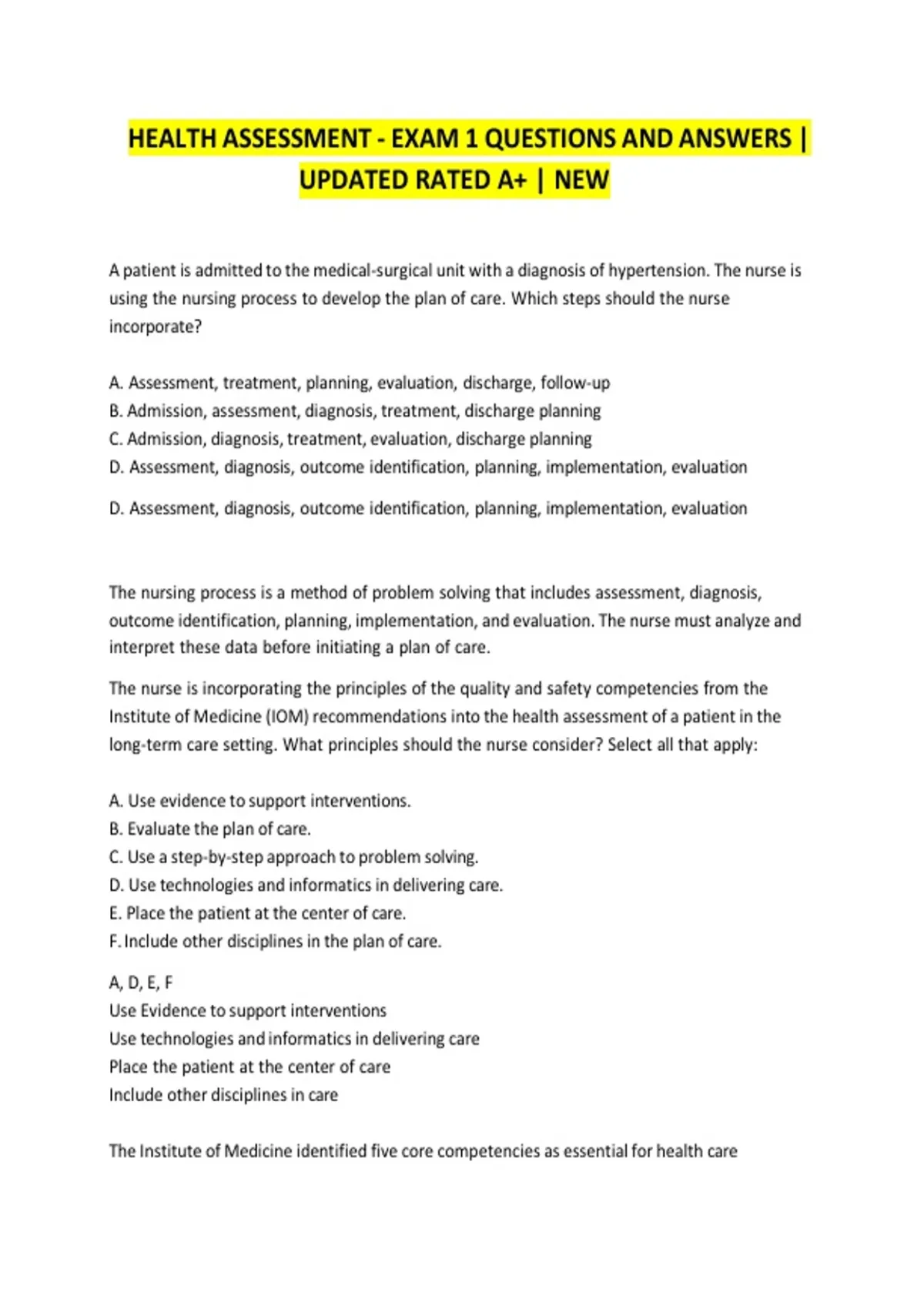 HEALTH ASSESSMENT - EXAM 1 QUESTIONS AND ANSWERS | UPDATED RATED A+ ...