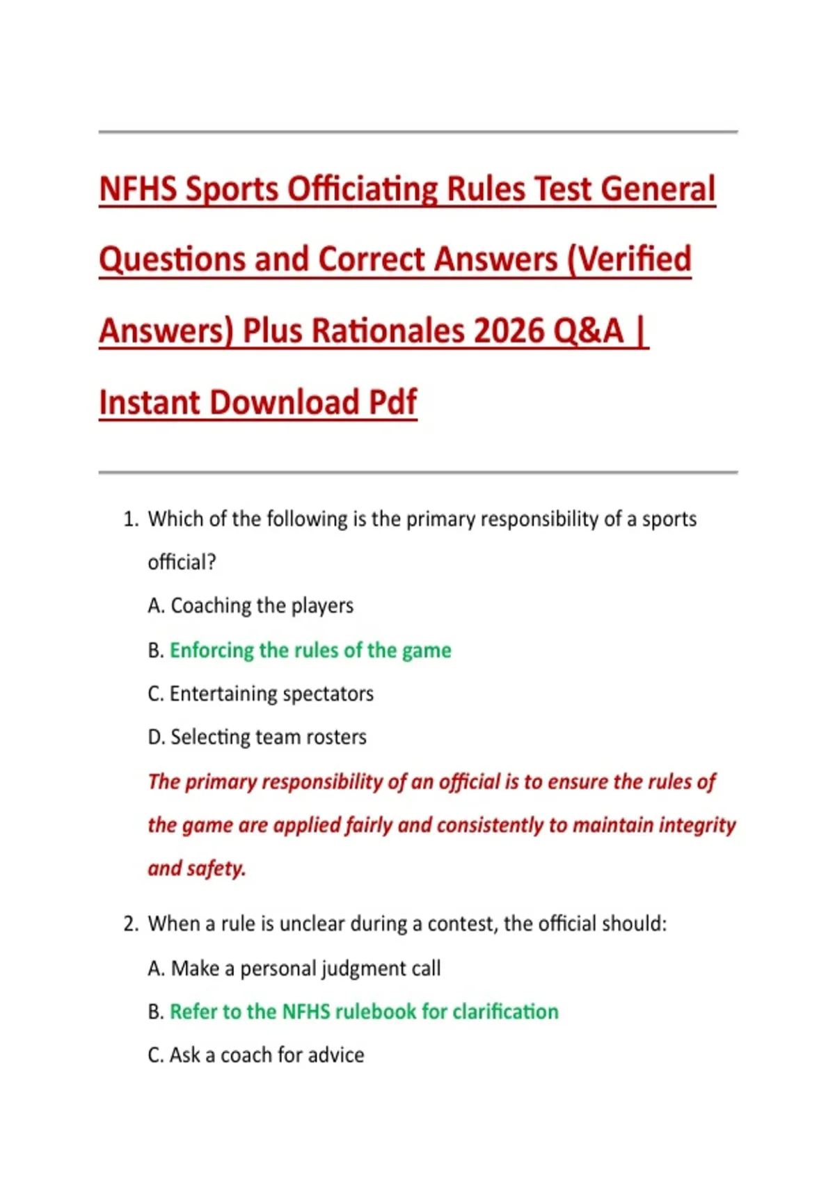 NFHS Sports Officiating Rules Test General Questions and Correct ...