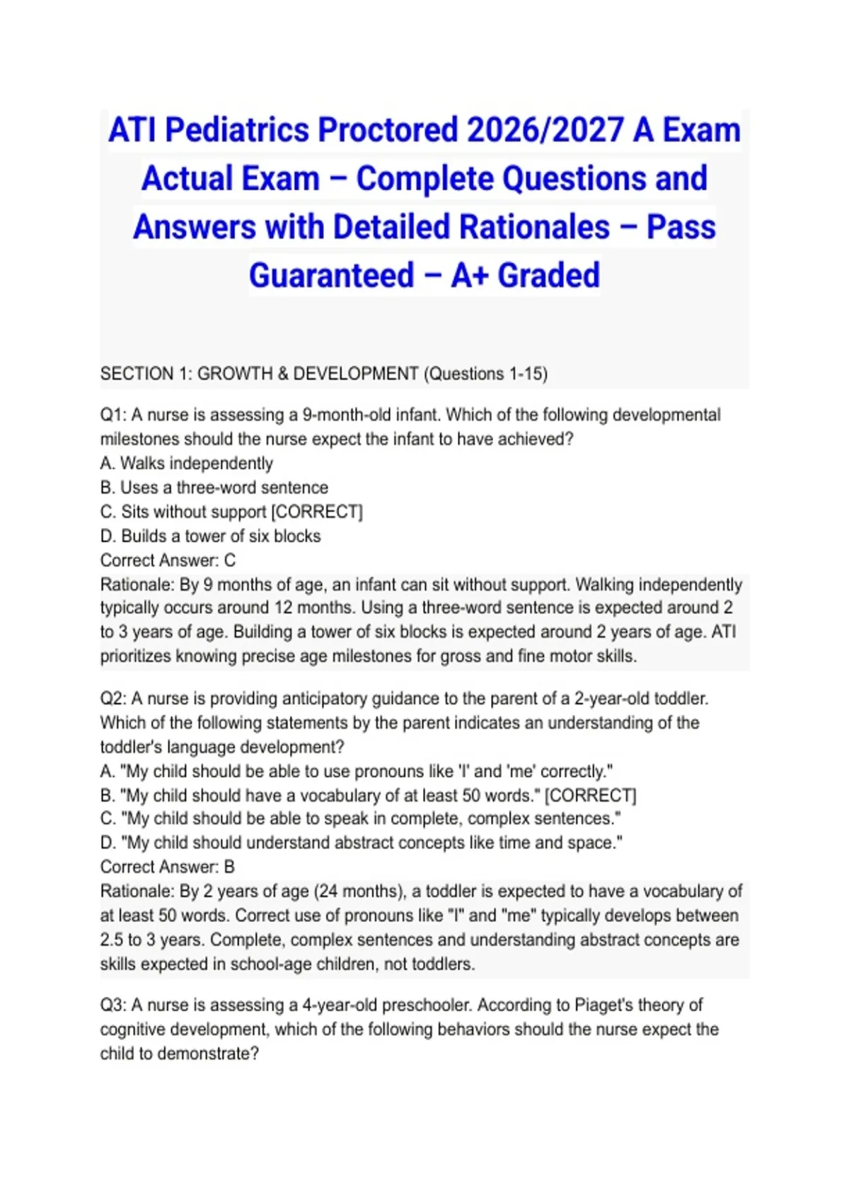 ATI Pediatrics Proctored 2026/2027 A Exam Actual Exam – Complete ...