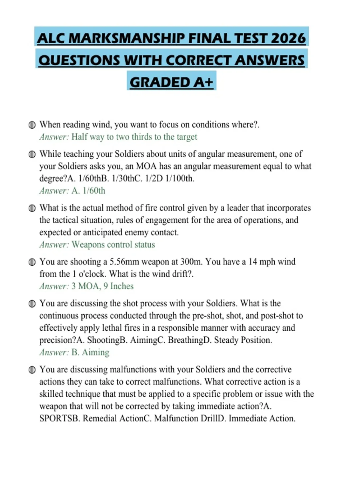 ALC MARKSMANSHIP FINAL TEST 2026 QUESTIONS WITH CORRECT ANSWERS GRADED ...