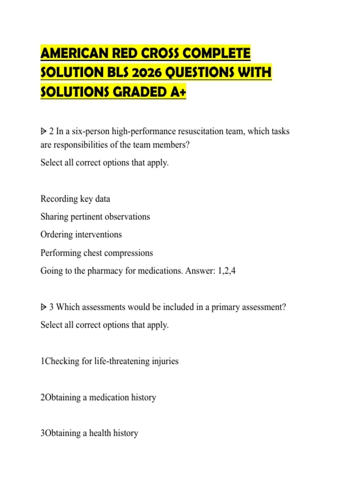 AMERICAN RED CROSS COMPLETE SOLUTION BLS 2026 QUESTIONS WITH SOLUTIONS ...