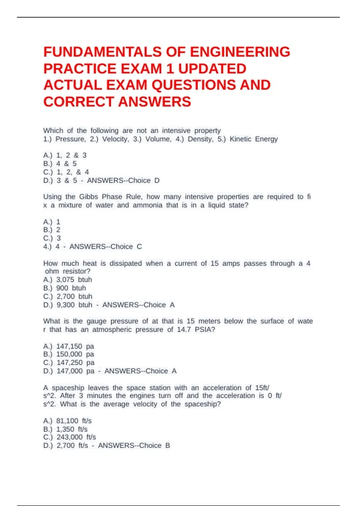 FUNDAMENTALS OF ENGINEERING PRACTICE EXAM 1 UPDATED ACTUAL EXAM QUESTIONS AND CORRECT ANSWERS ...