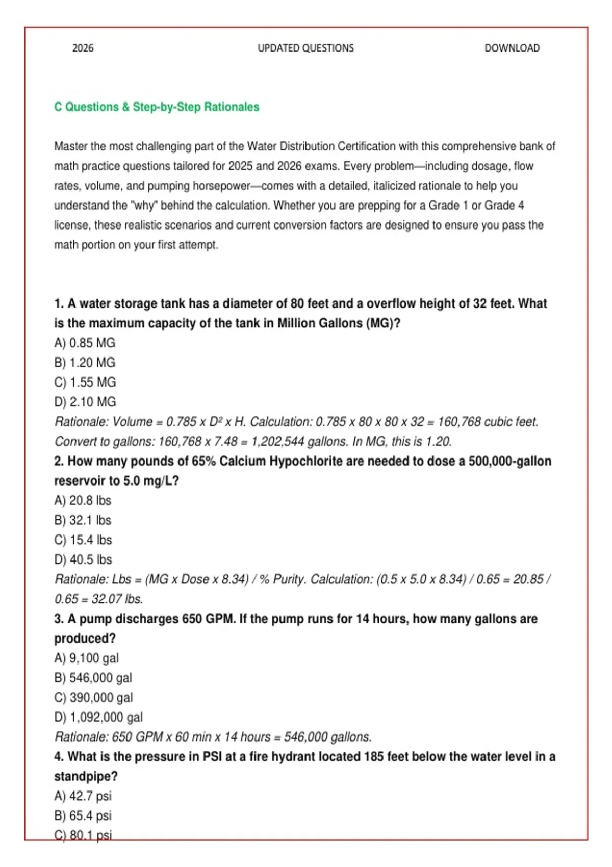 2026 Water Distribution Operator Math Exam: 250+ Solved Questions ...