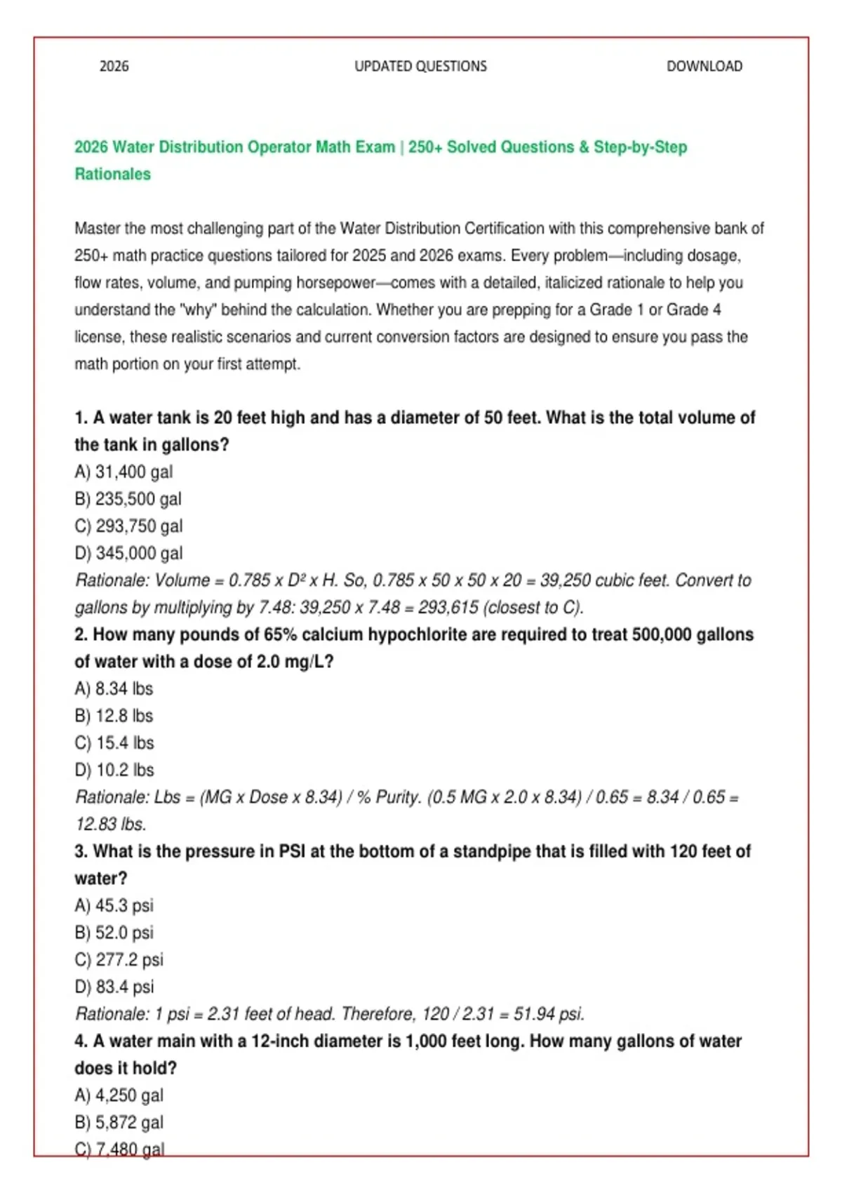 2026 Water Distribution Operator Math Exam: 250+ Solved Questions ...
