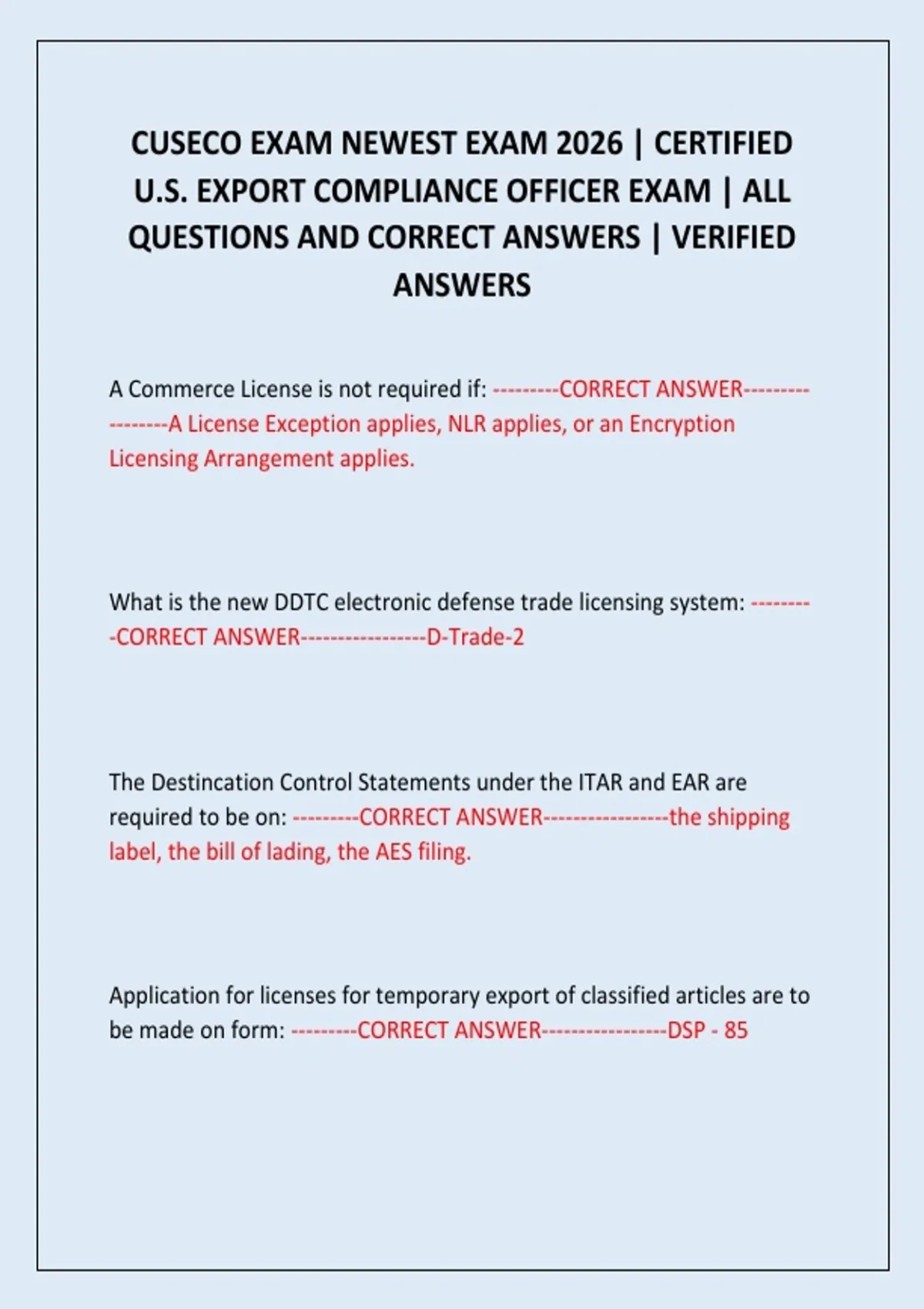 CUSECO EXAM NEWEST EXAM 2026 | CERTIFIED U.S. EXPORT COMPLIANCE OFFICER ...