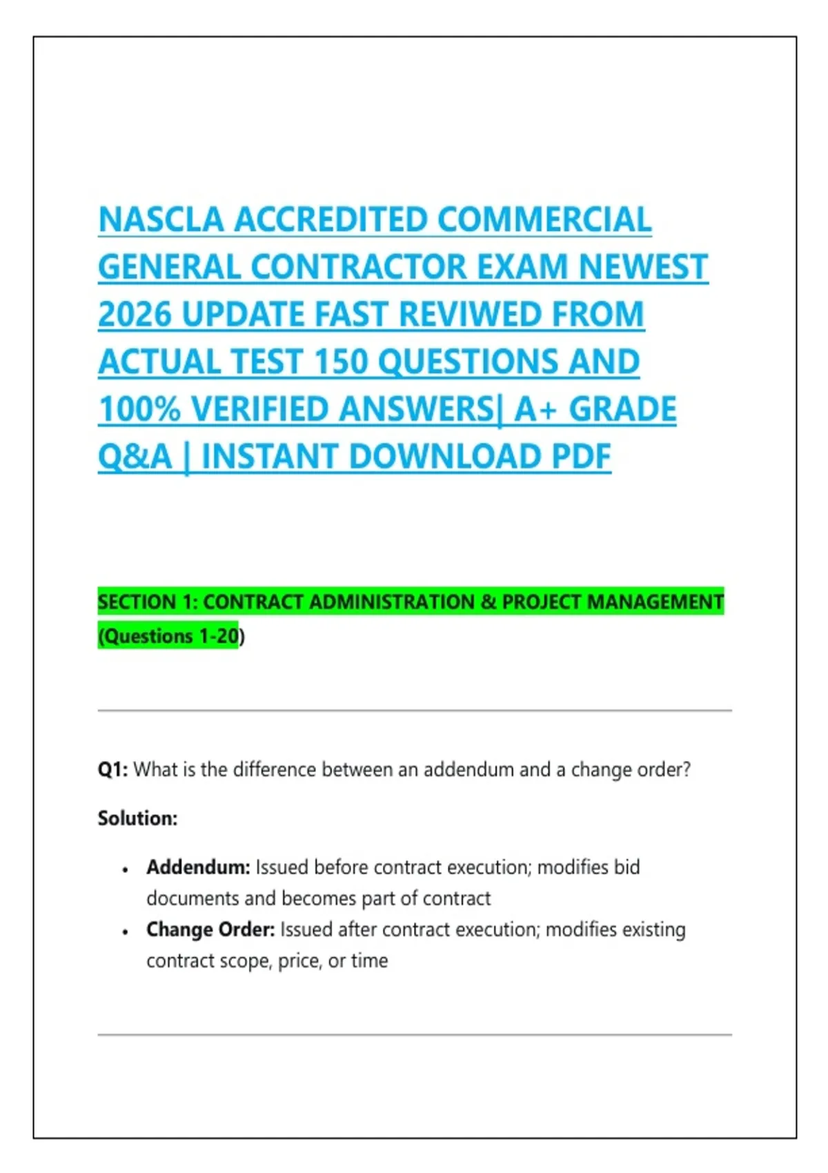 NASCLA ACCREDITED COMMERCIAL GENERAL CONTRACTOR EXAM NEWEST 2026 UPDATE ...