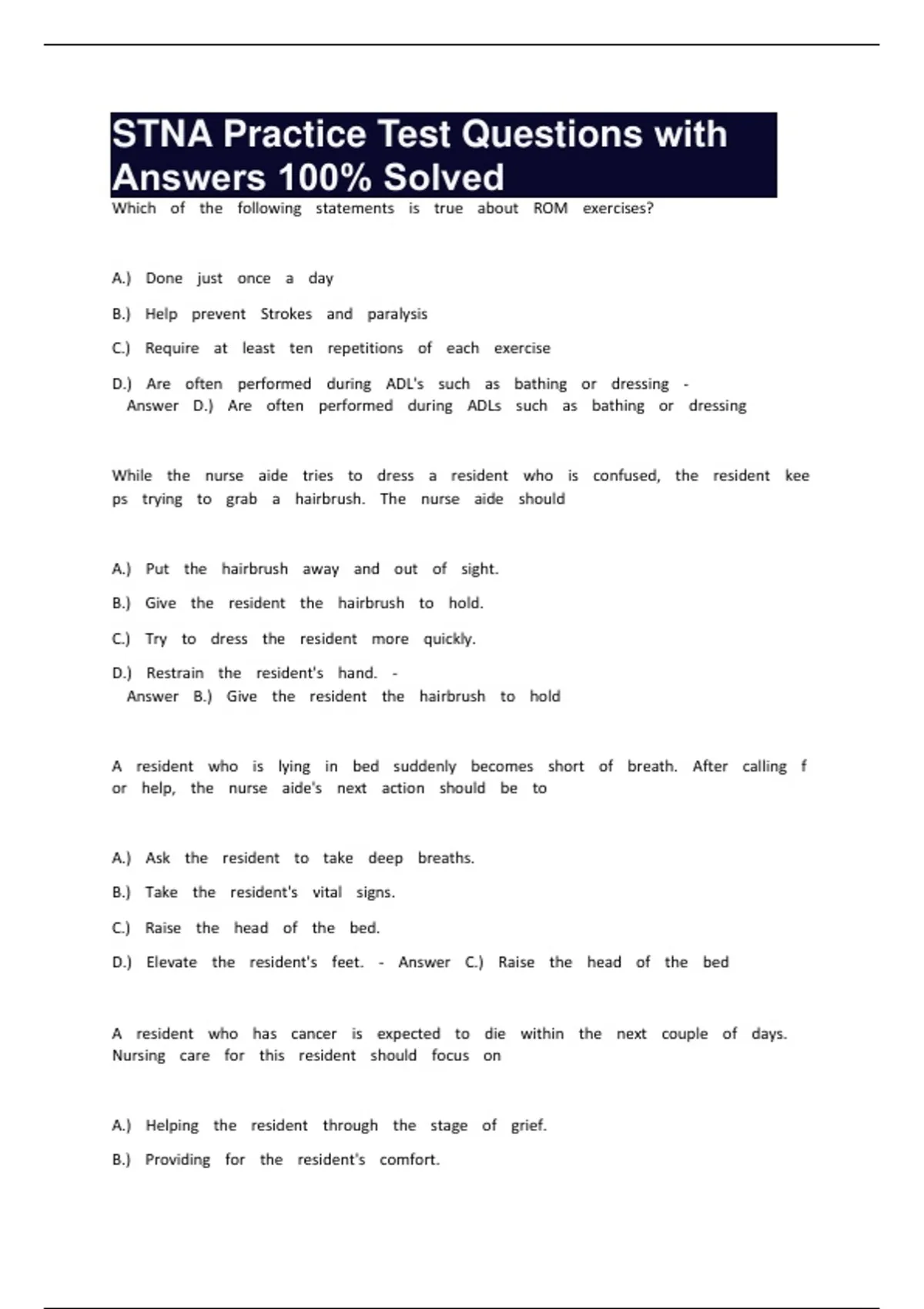 Stna Interview Questions STNA Practice Test Questions with Answers 100% Solved - Stna - Stuvia US