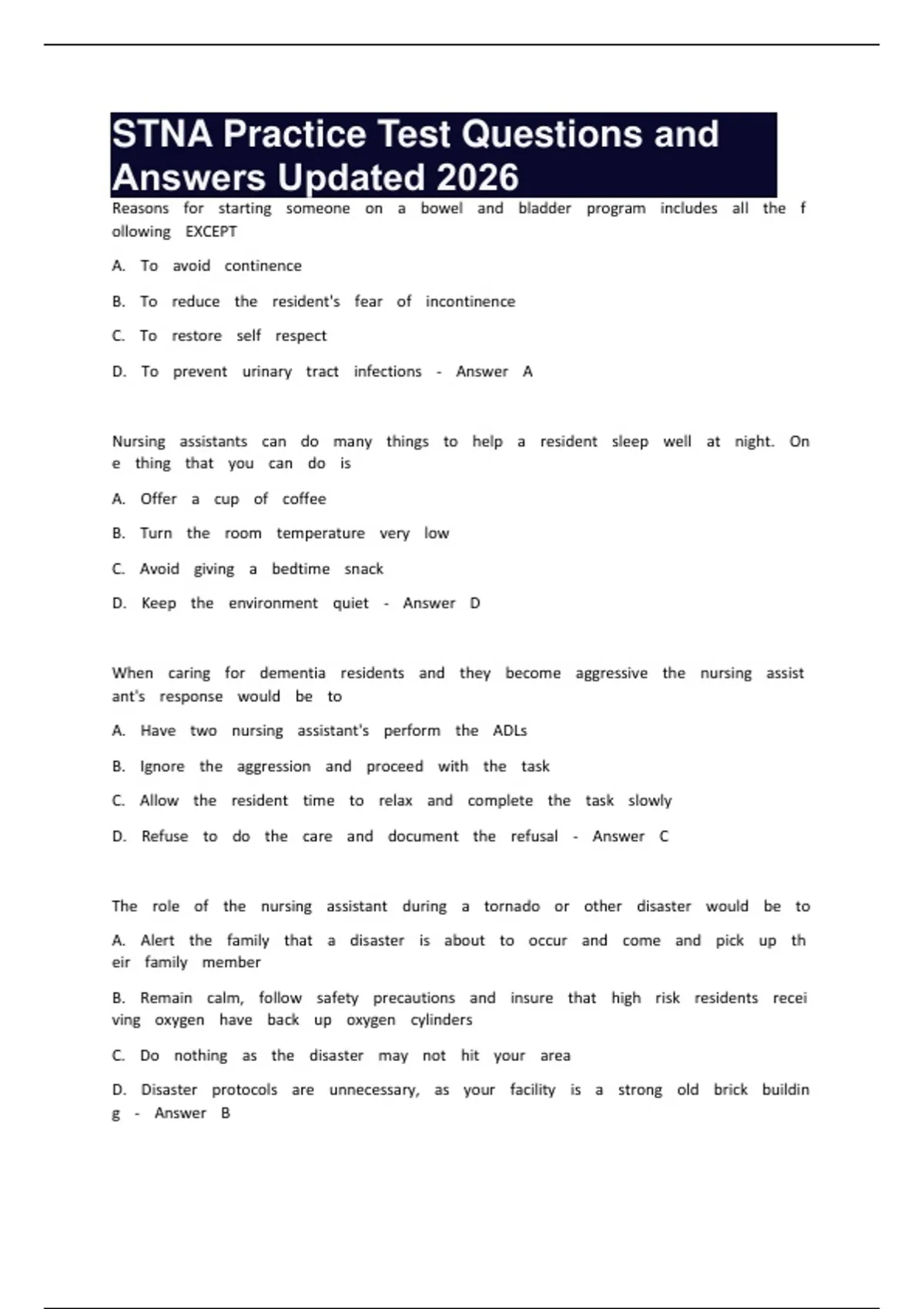 Stna Interview Questions STNA Practice Test Questions and Answers Updated 2026 - Stna - Stuvia US