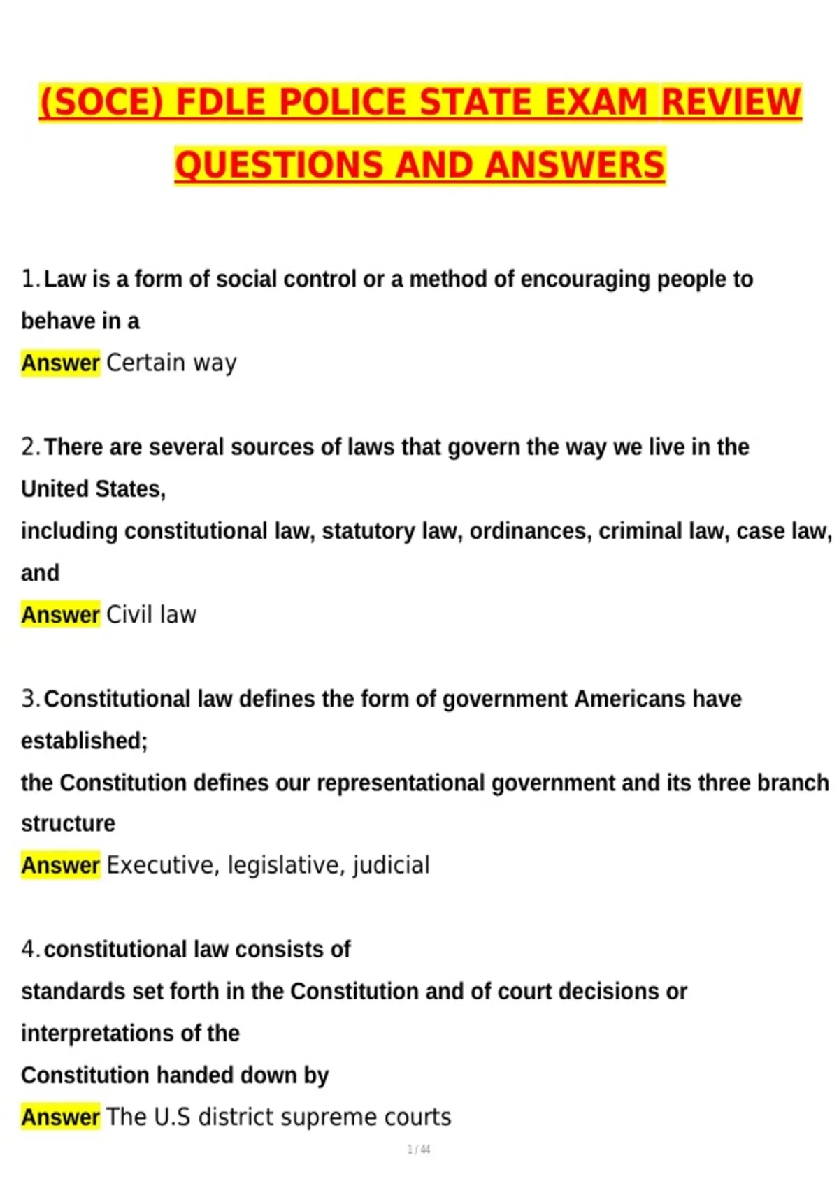 Fdle State Test SOCE FDLE POLICE STATE EXAM REVIEW 2026 Actual with Questions & Answers ...
