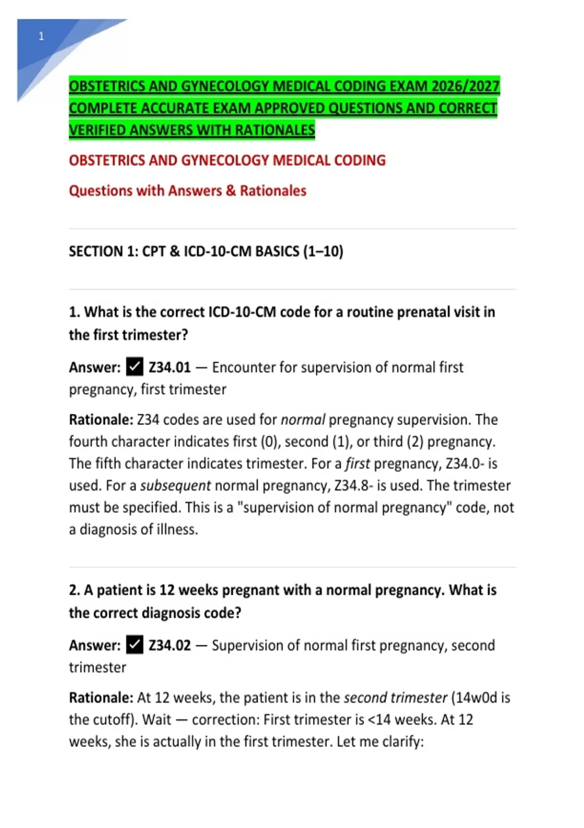 OBSTETRICS AND GYNECOLOGY MEDICAL CODING EXAM 2026/2027 COMPLETE ...